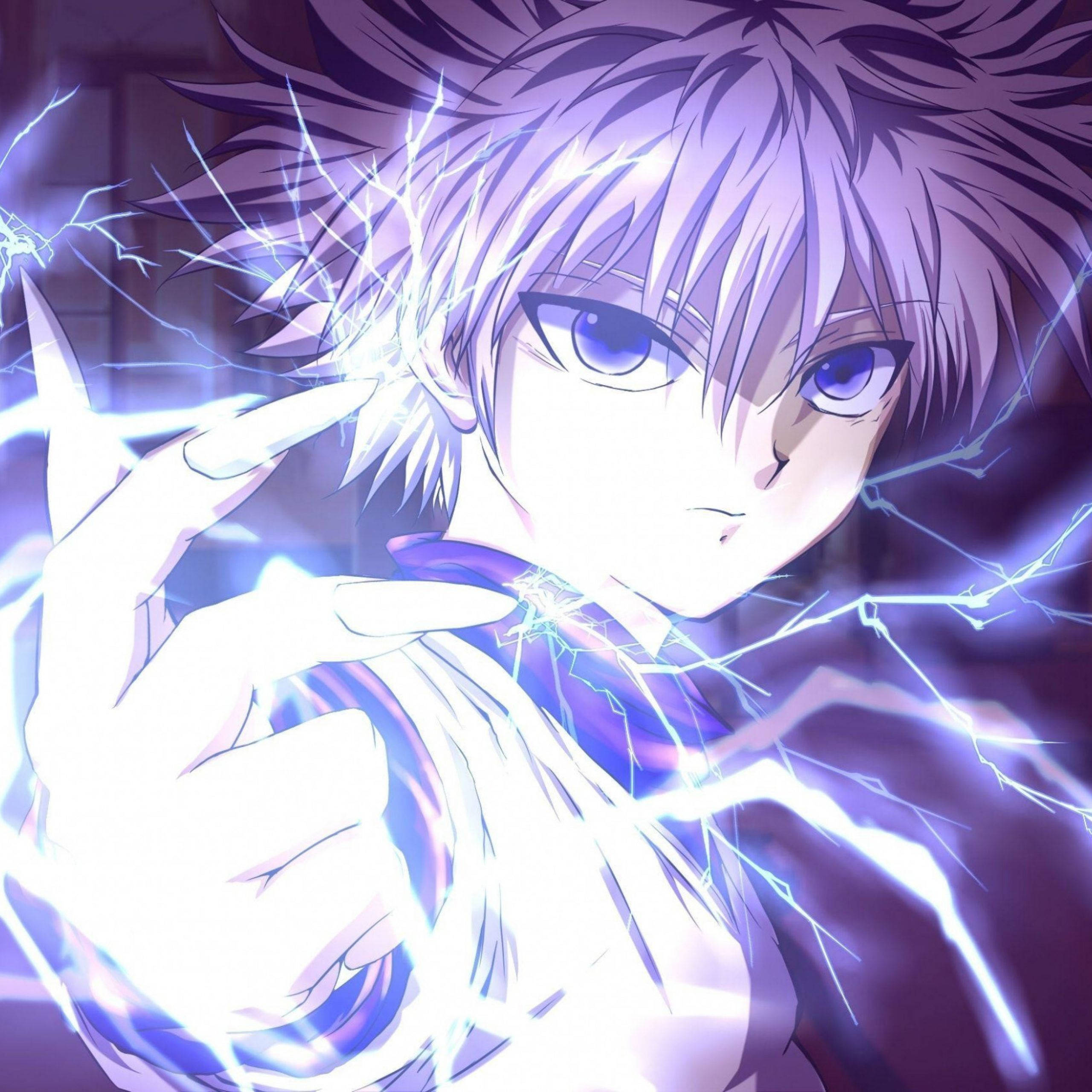 Killua, spiky silver hair, glowing blue eyes, 2K Desktop Wallpaper