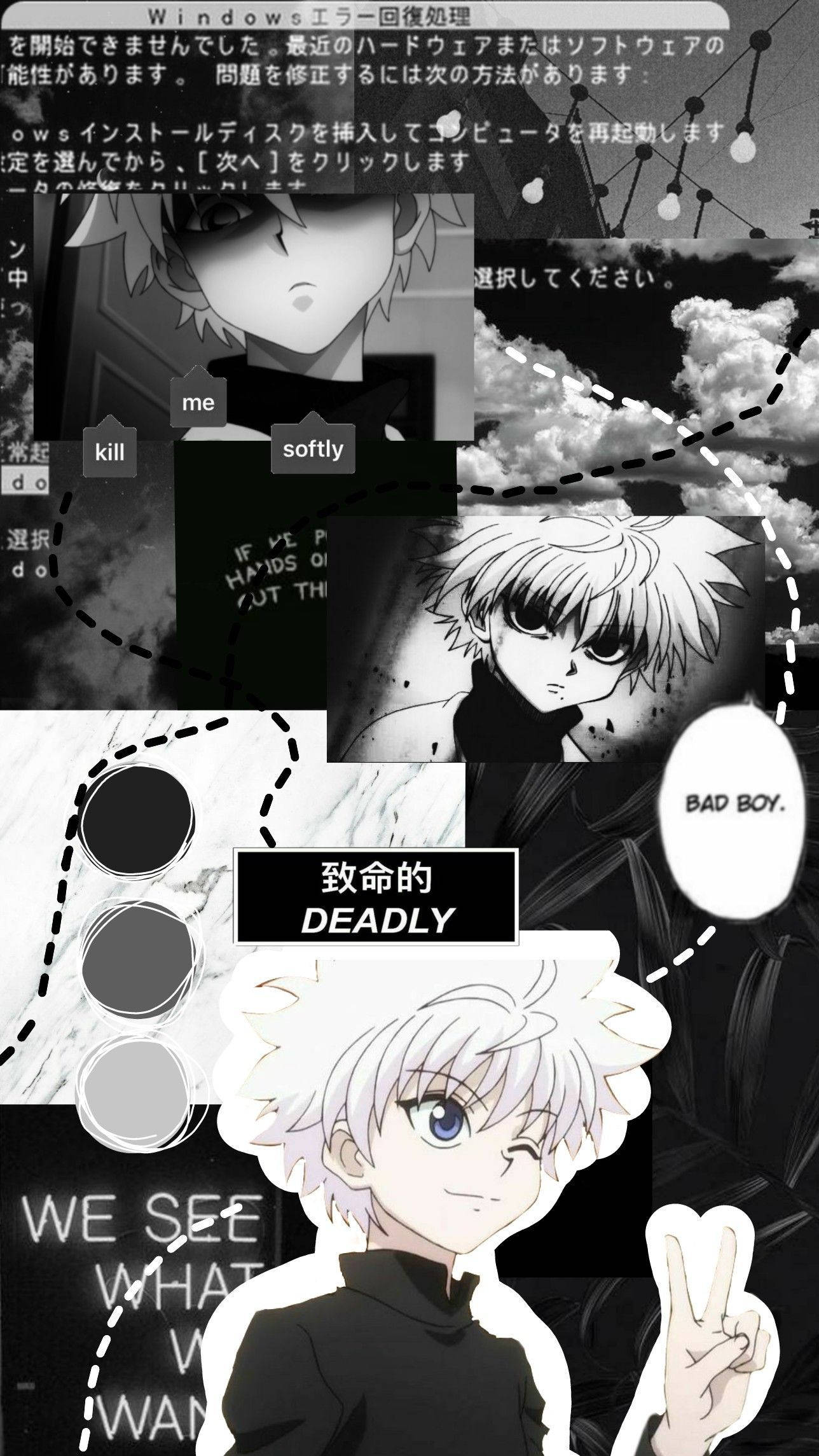 Killua, black and white, anime collage, Full HD Phone Wallpaper