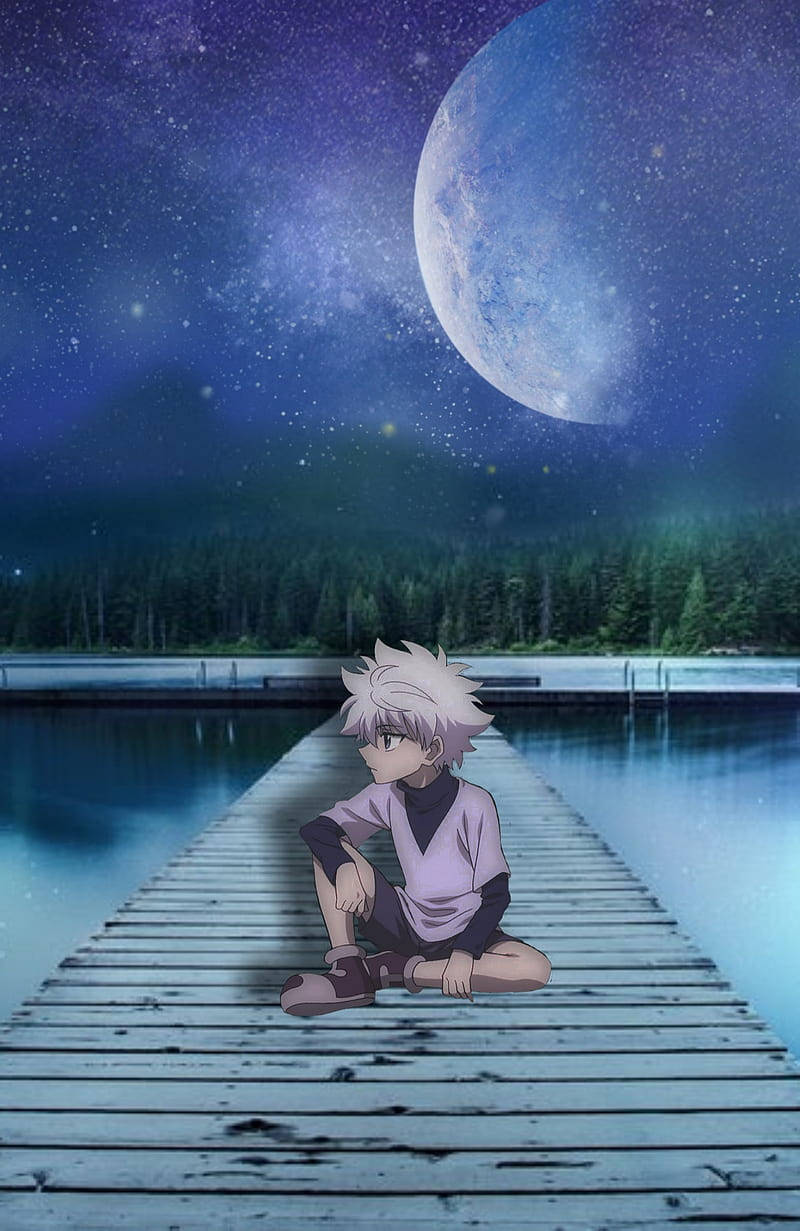 Cute Killua, white-haired anime boy, wooden dock, SD Phone Wallpaper