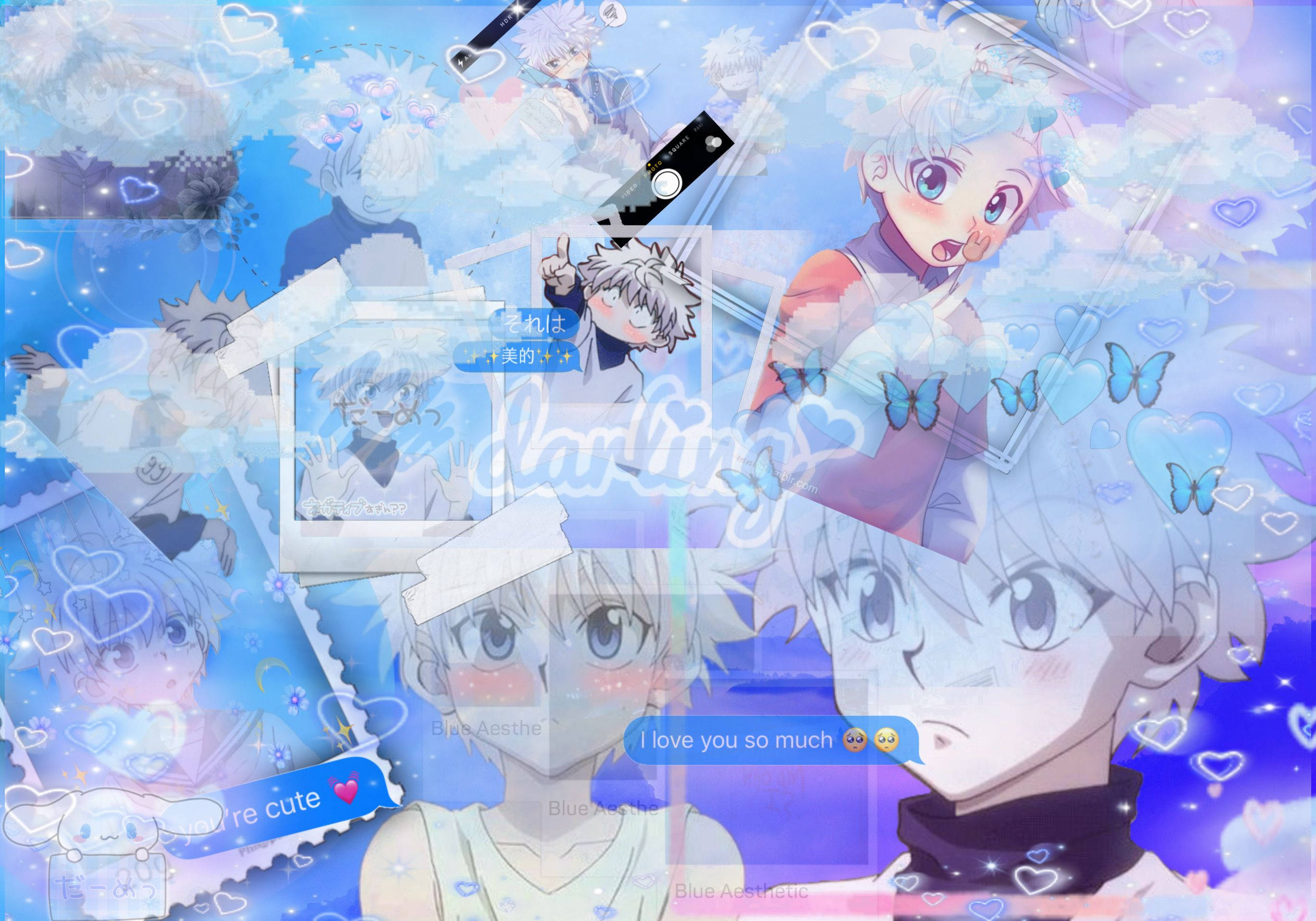 Killua, glowing hearts, butterflies, 2K Desktop Wallpaper