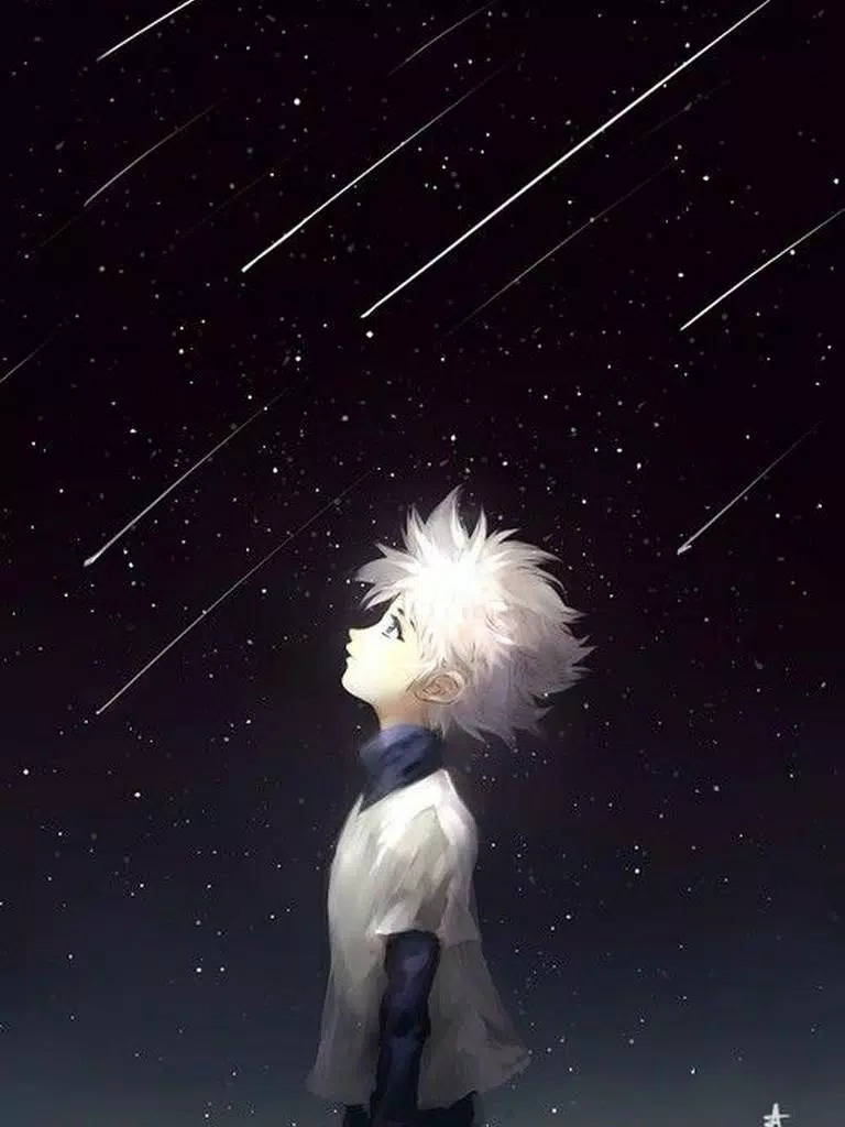 Cute Killua, spiky white hair, starry night sky, SD Phone Wallpaper