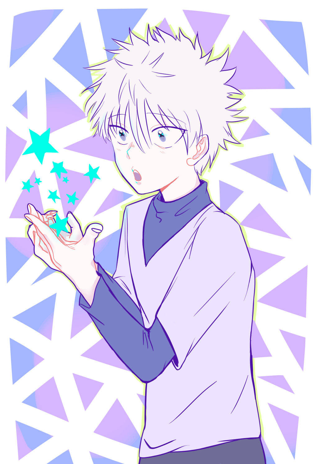 Cute Killua, spiky white hair, glowing teal stars, HD Phone Wallpaper
