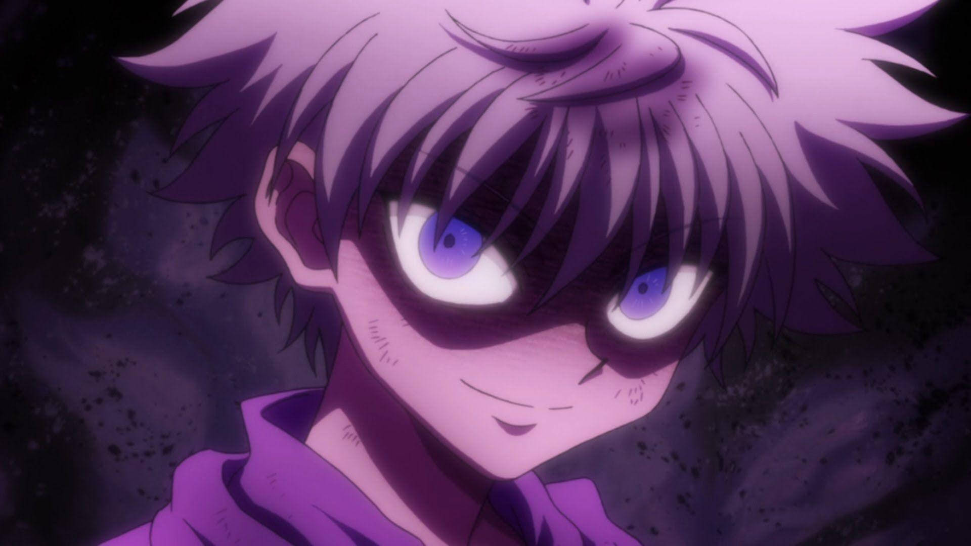 Killua, spiky purple hair, glowing blue eyes, Full HD Desktop Wallpaper