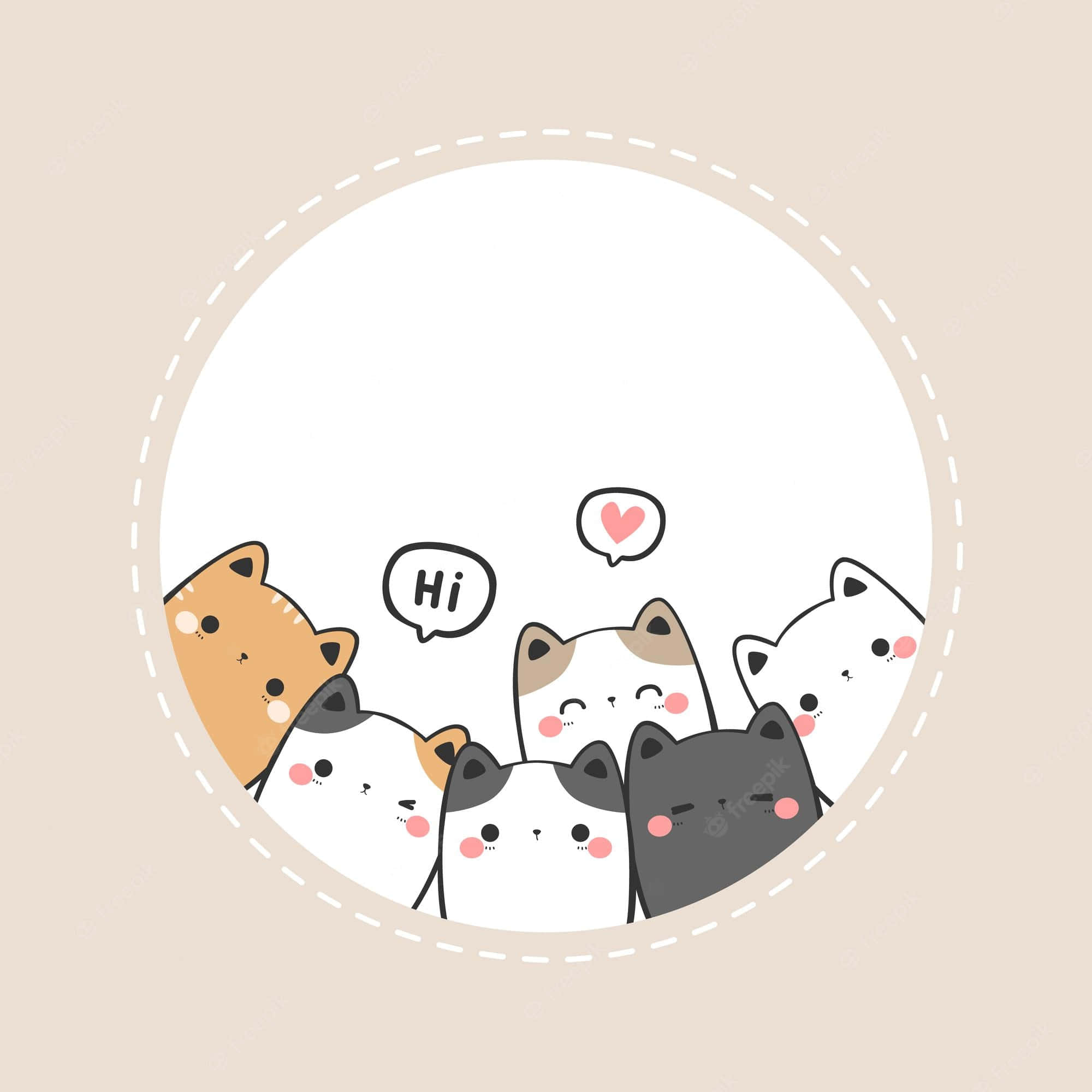 cute kittens, white circular frame, beige background, Full HD Desktop Wallpaper