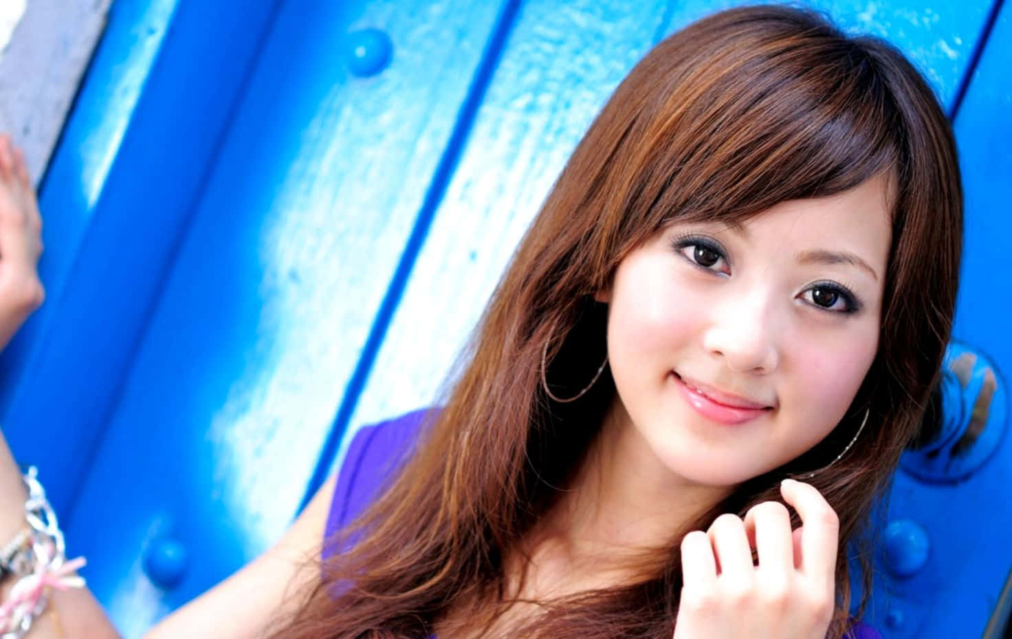 Cute Korean Girl, purple top, long brown hair, HD Desktop Wallpaper