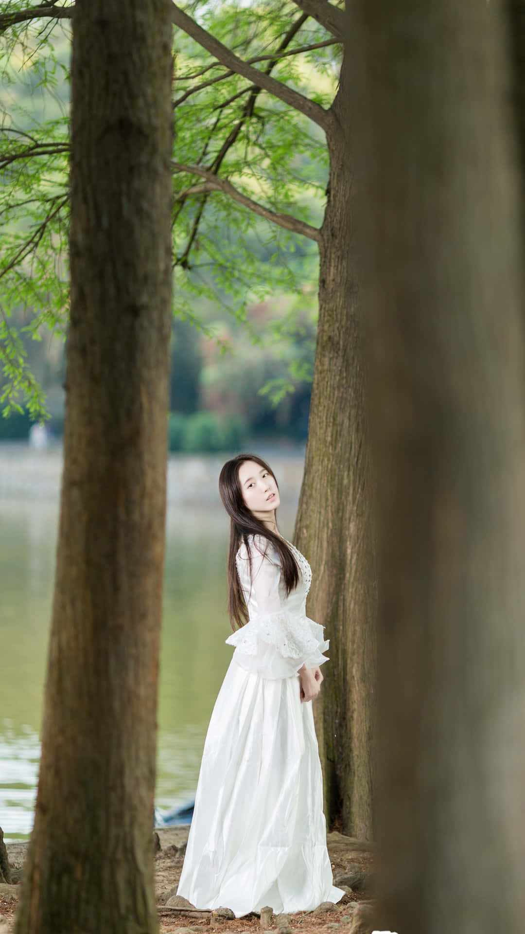 cute korean woman, white dress, tall trees, Full HD Phone Wallpaper