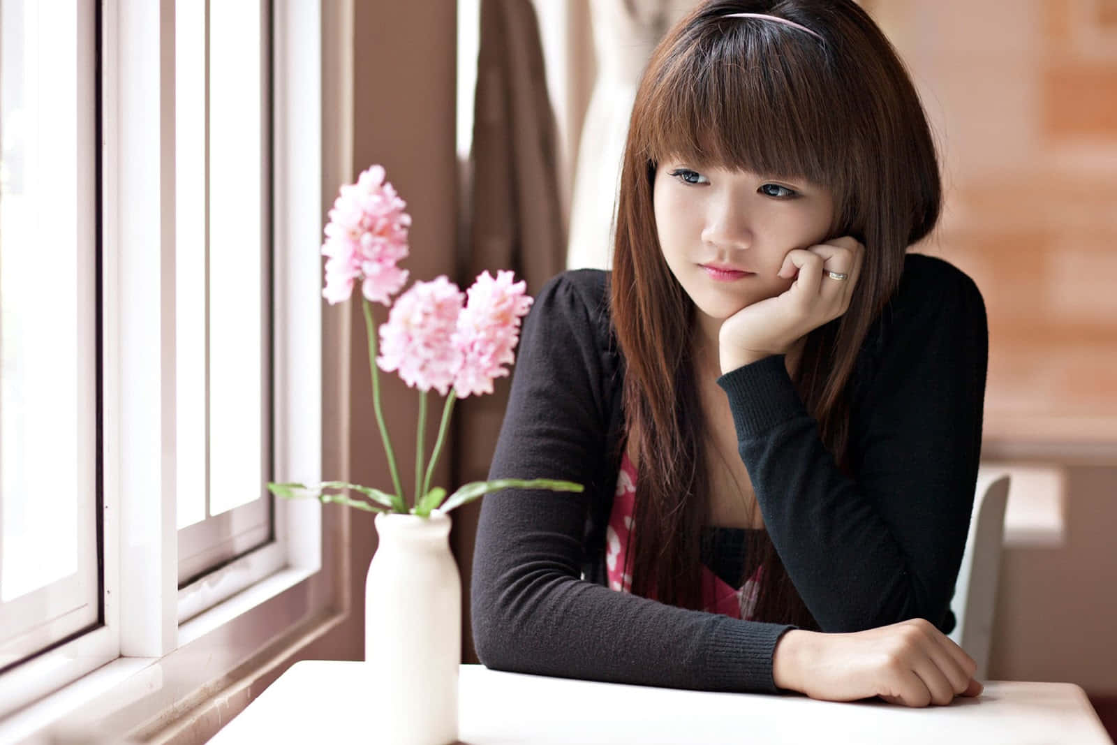 Cute Korean Girl, pink flowers, white vase, HD Desktop Wallpaper