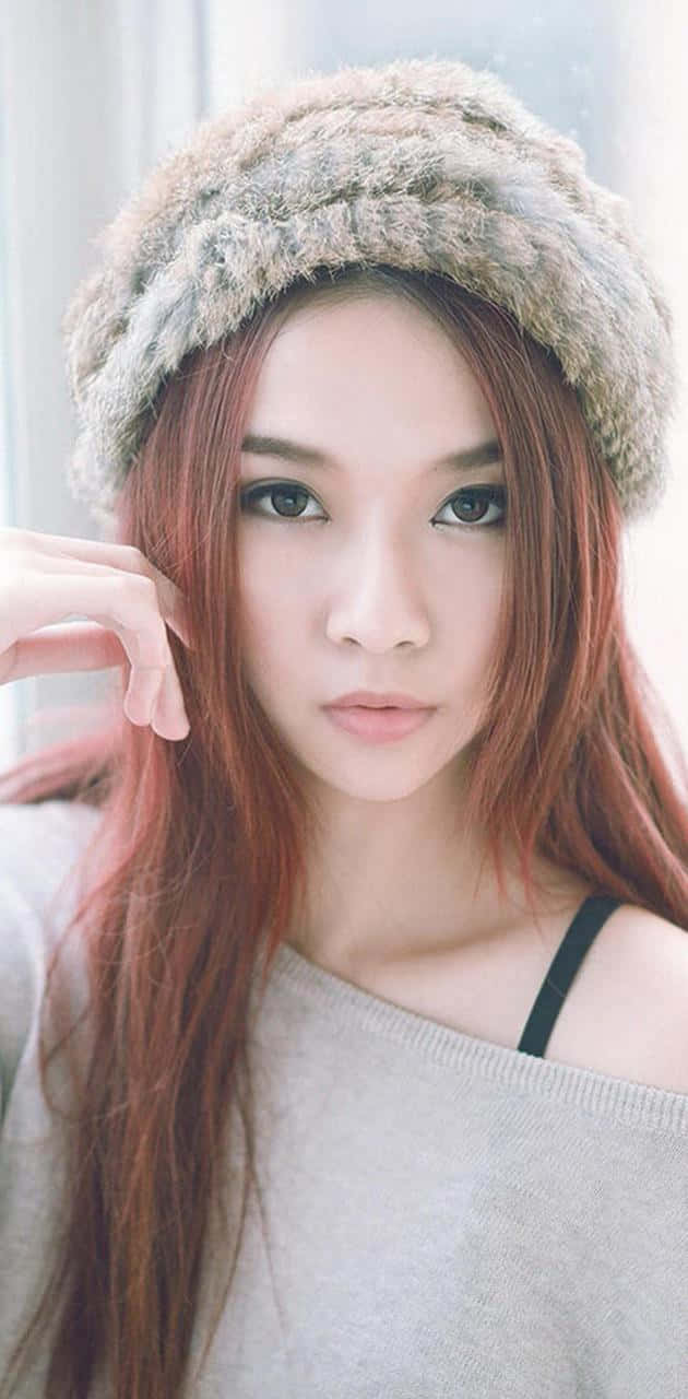 Cute Korean Girl, fluffy beige hat, long red hair, HD Phone Wallpaper