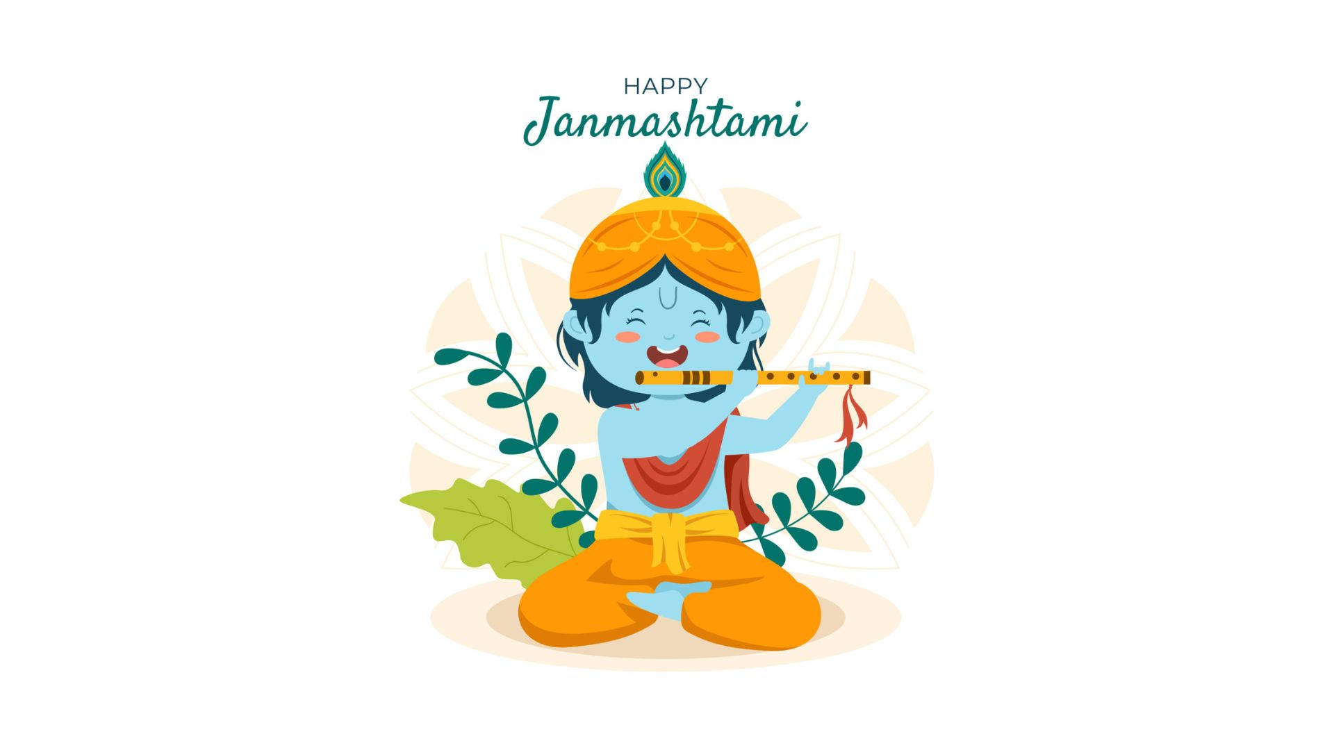 Cute Krishna, blue-skinned child, orange attire, Full HD Desktop Wallpaper