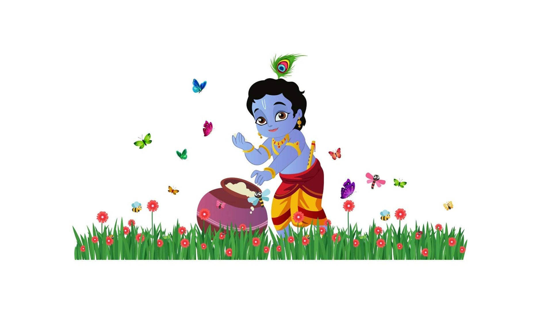 Cute Krishna, blue-skinned, red and yellow robes, Full HD Desktop Wallpaper
