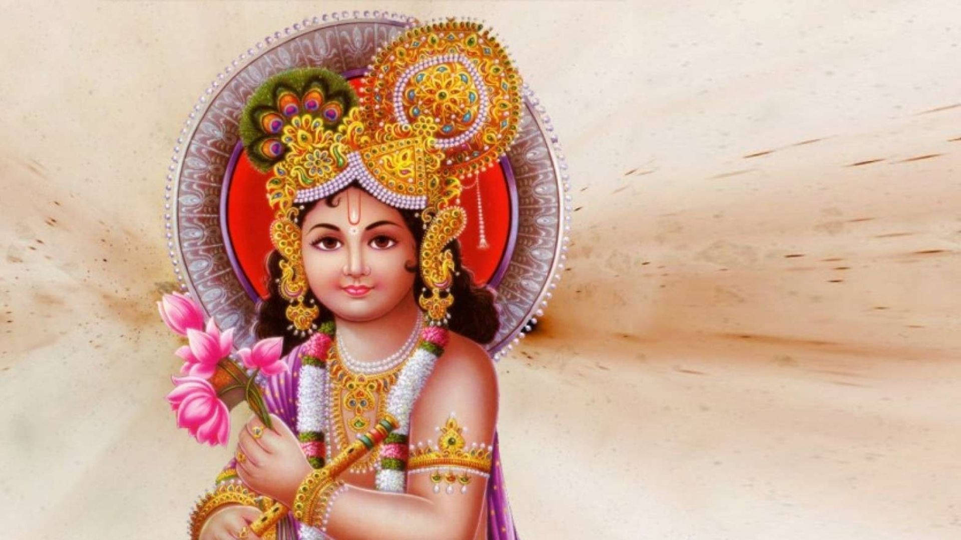 Cute Krishna, golden jewelry, peacock feather crown, Full HD Desktop Wallpaper
