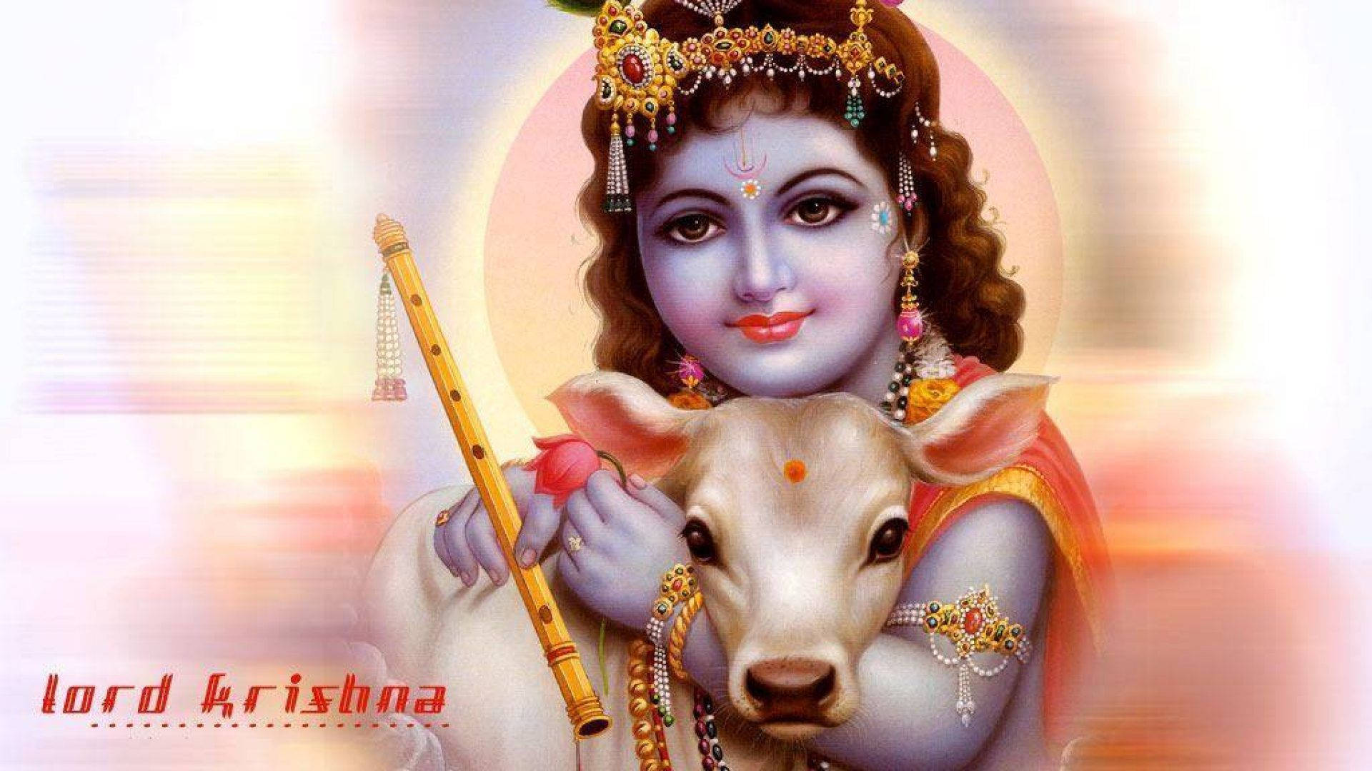 Cute Krishna, blue skin, flute, Full HD Desktop Wallpaper