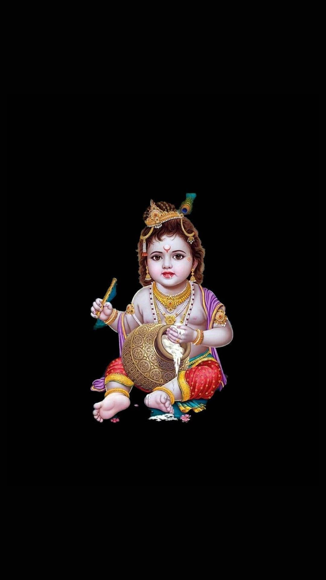 Cute Krishna, flute, pot, Full HD Phone Wallpaper