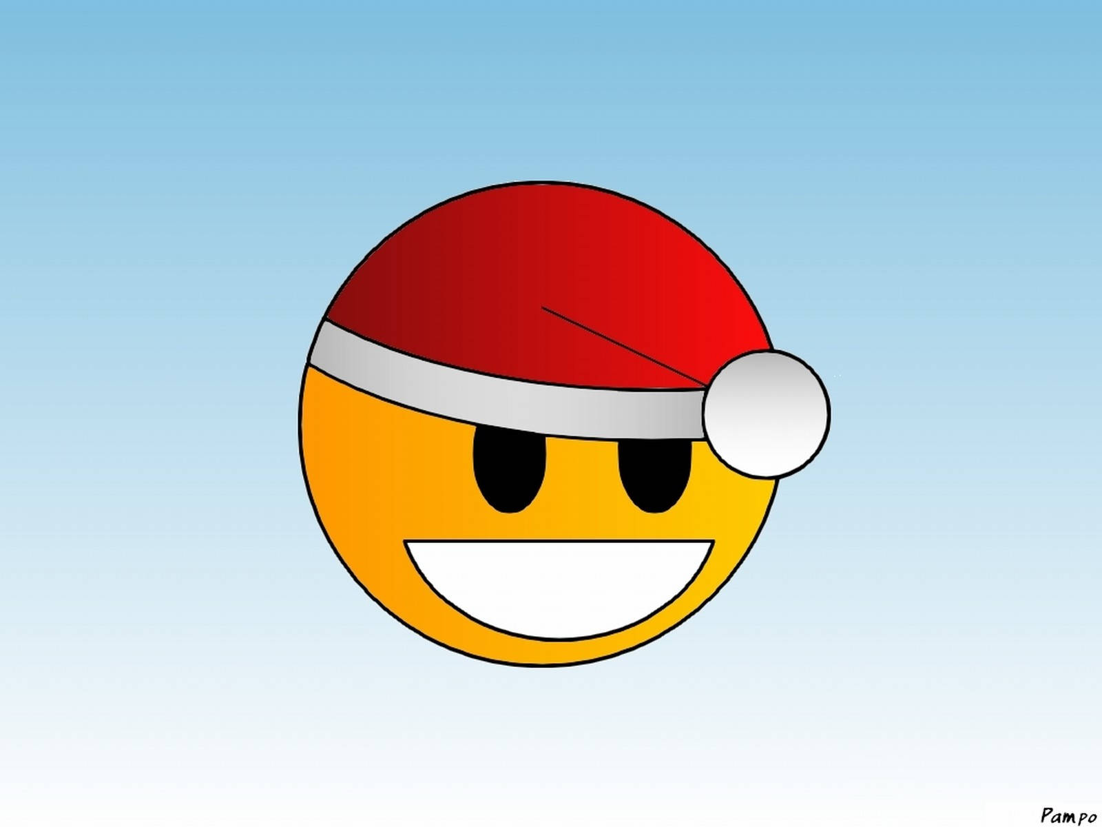 yellow smiley face, red Santa hat with white trim, soft blue gradient background, HD Desktop Wallpaper