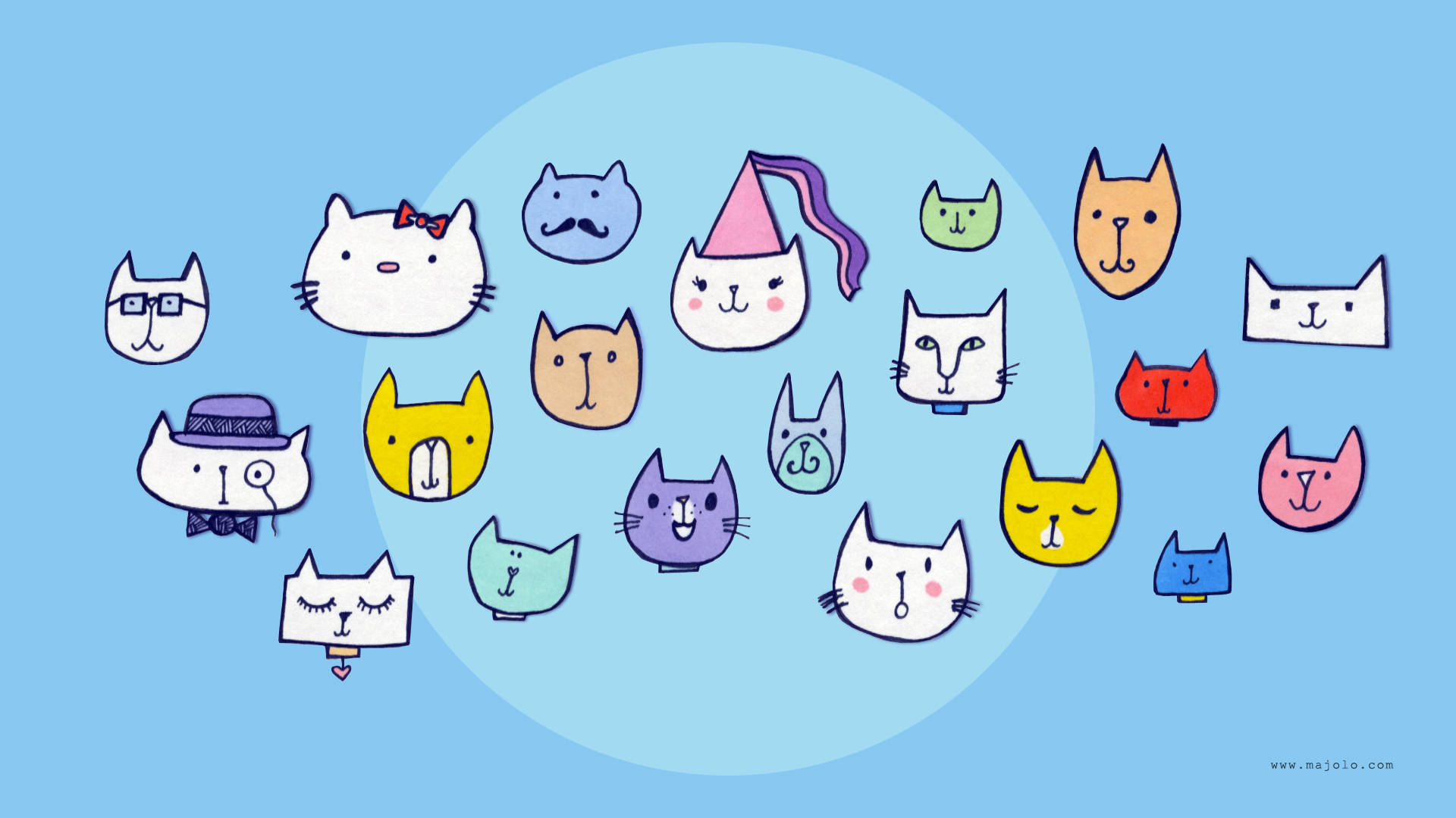 cartoon cat faces, quirky accessories, soft blue background, Full HD Desktop Wallpaper