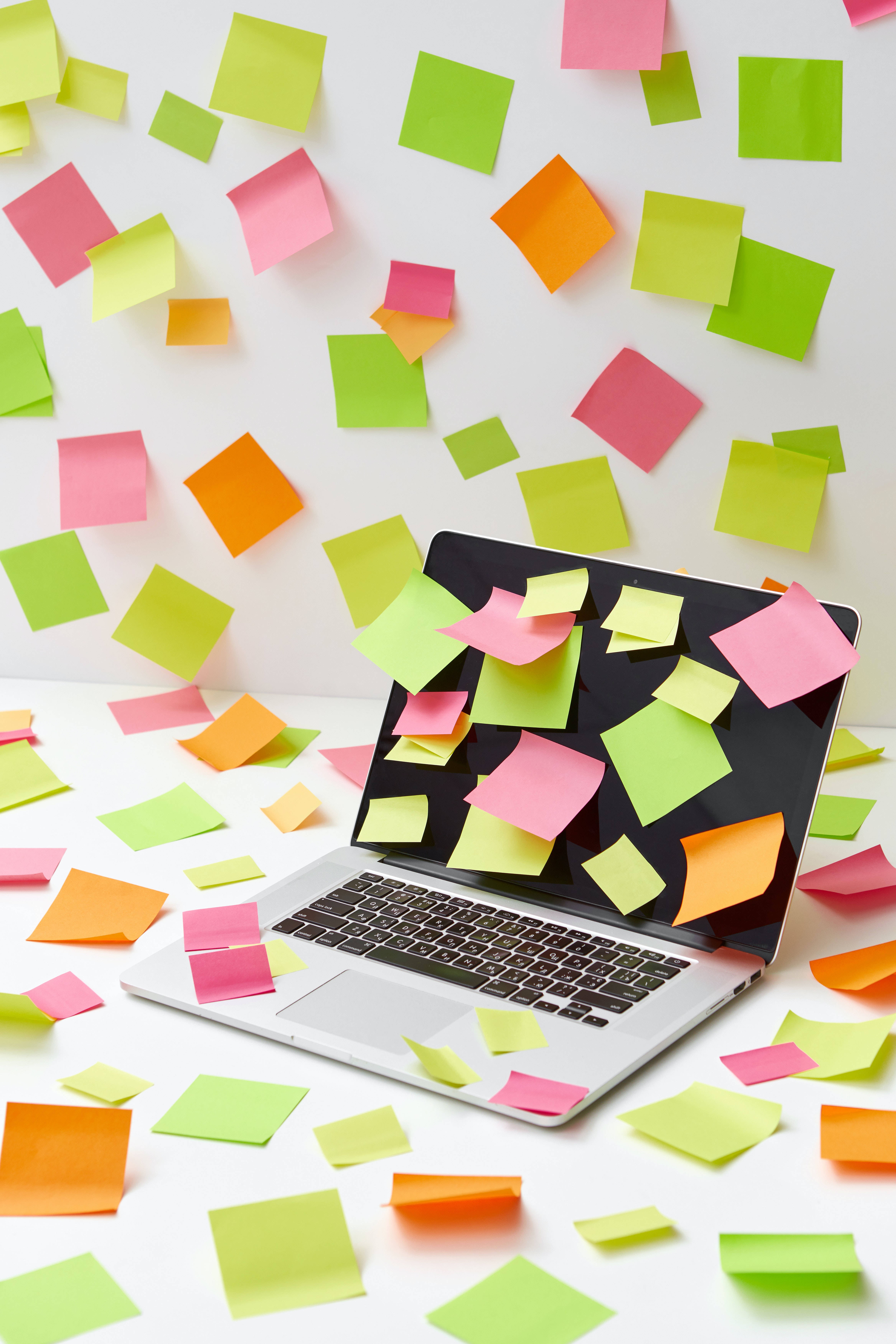 Adorable Laptop, white background, colorful sticky notes, 5K Phone Wallpaper