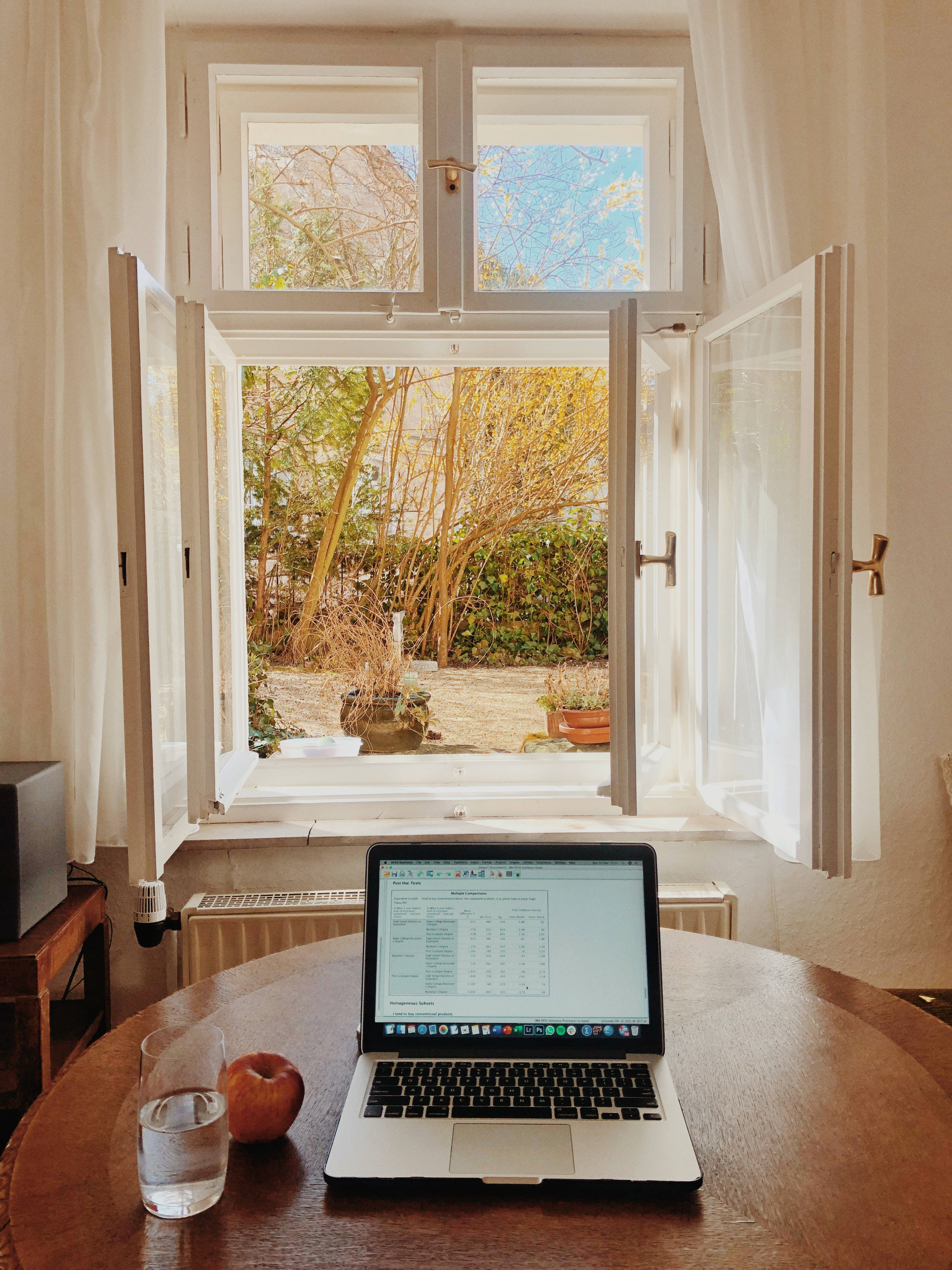 wooden table, open window, sheer curtains, 4K Phone Wallpaper