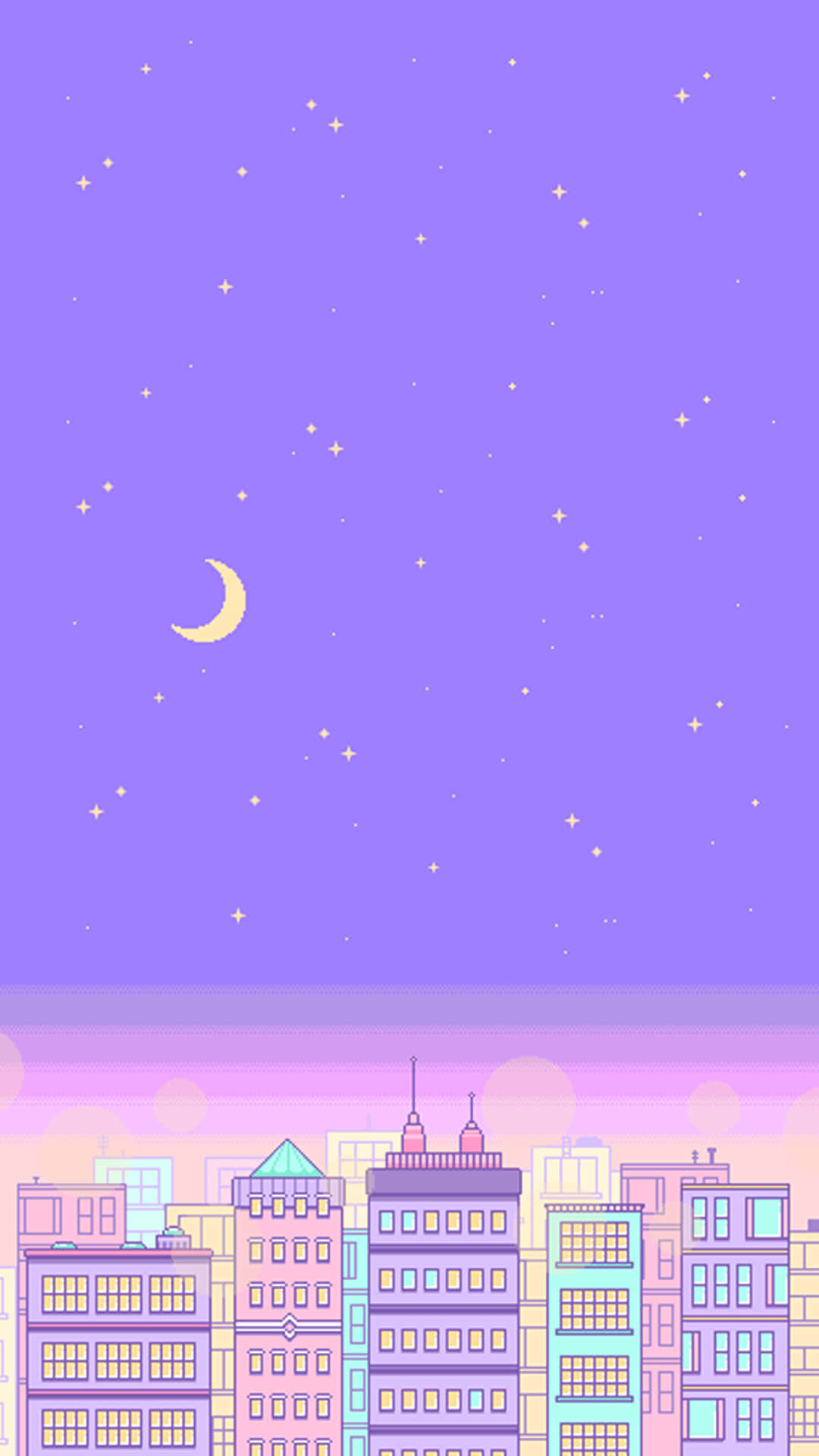 Lavender Night Skyline, pastel-colored city buildings, starry purple sky, Full HD Phone Wallpaper