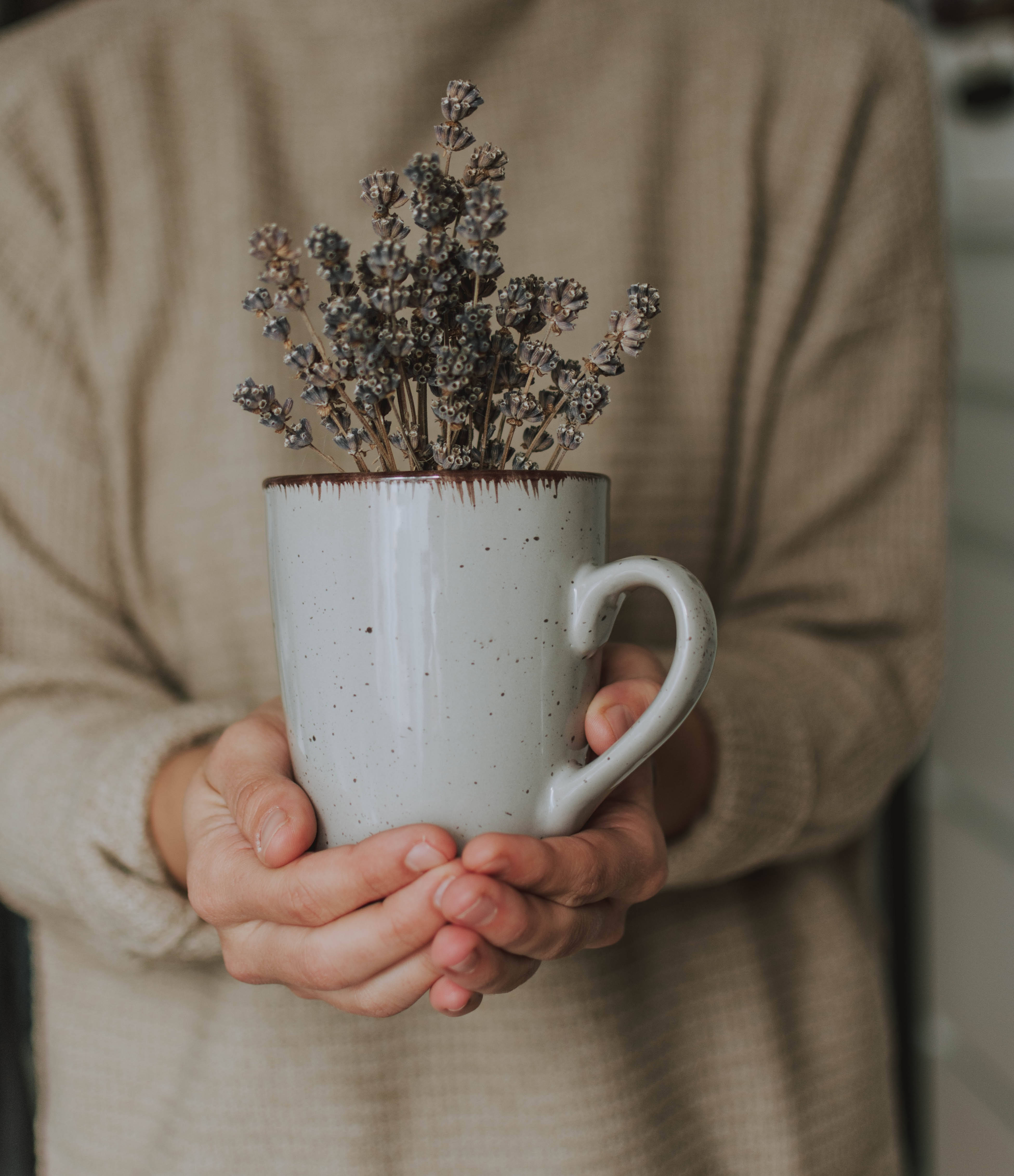 lavender flowers, speckled mug, dried lavender, 4K Phone Wallpaper