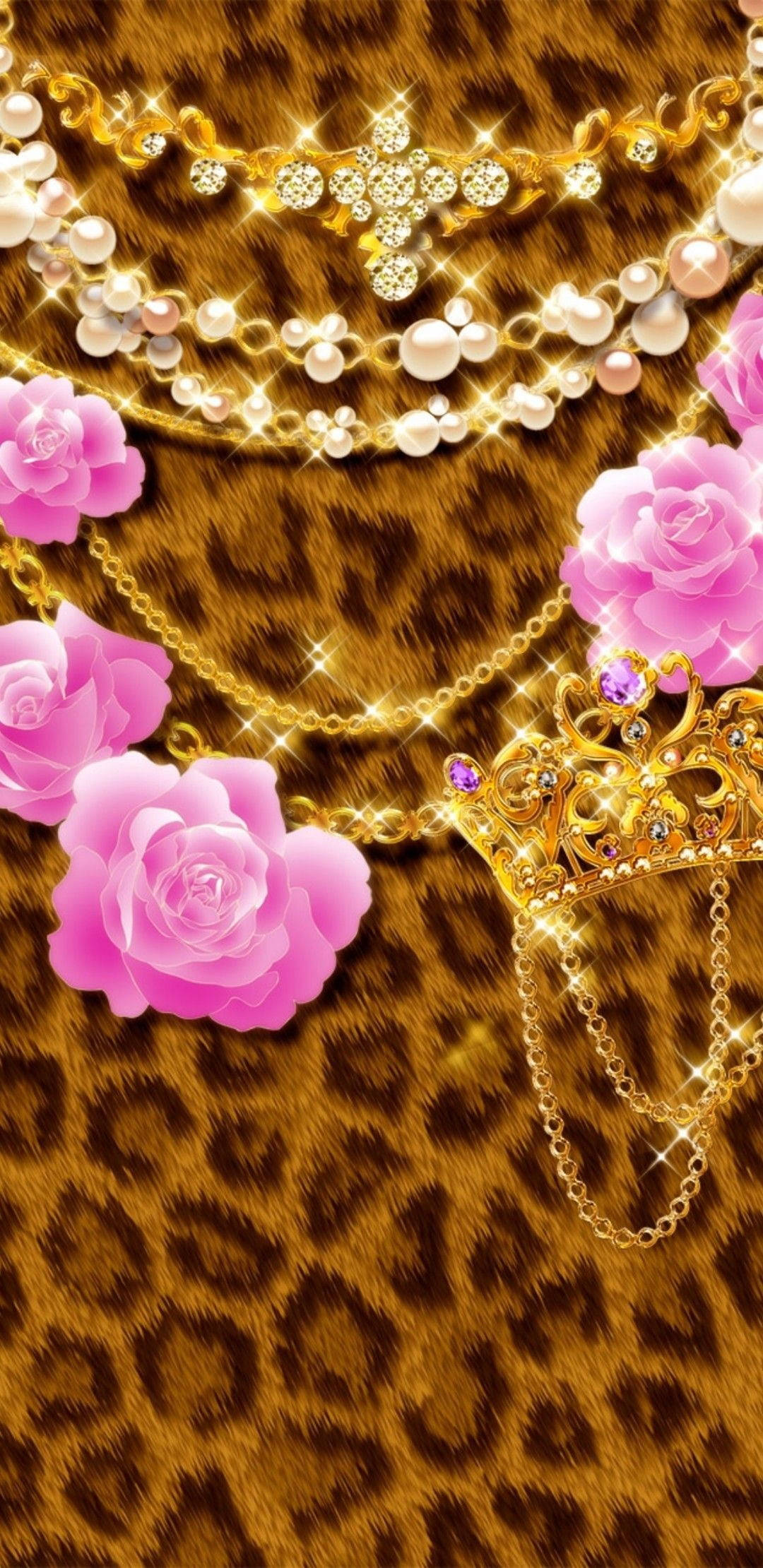 Bling And Flowers Cute Leopard Print, golden jewelry, pink roses, Full HD Phone Wallpaper