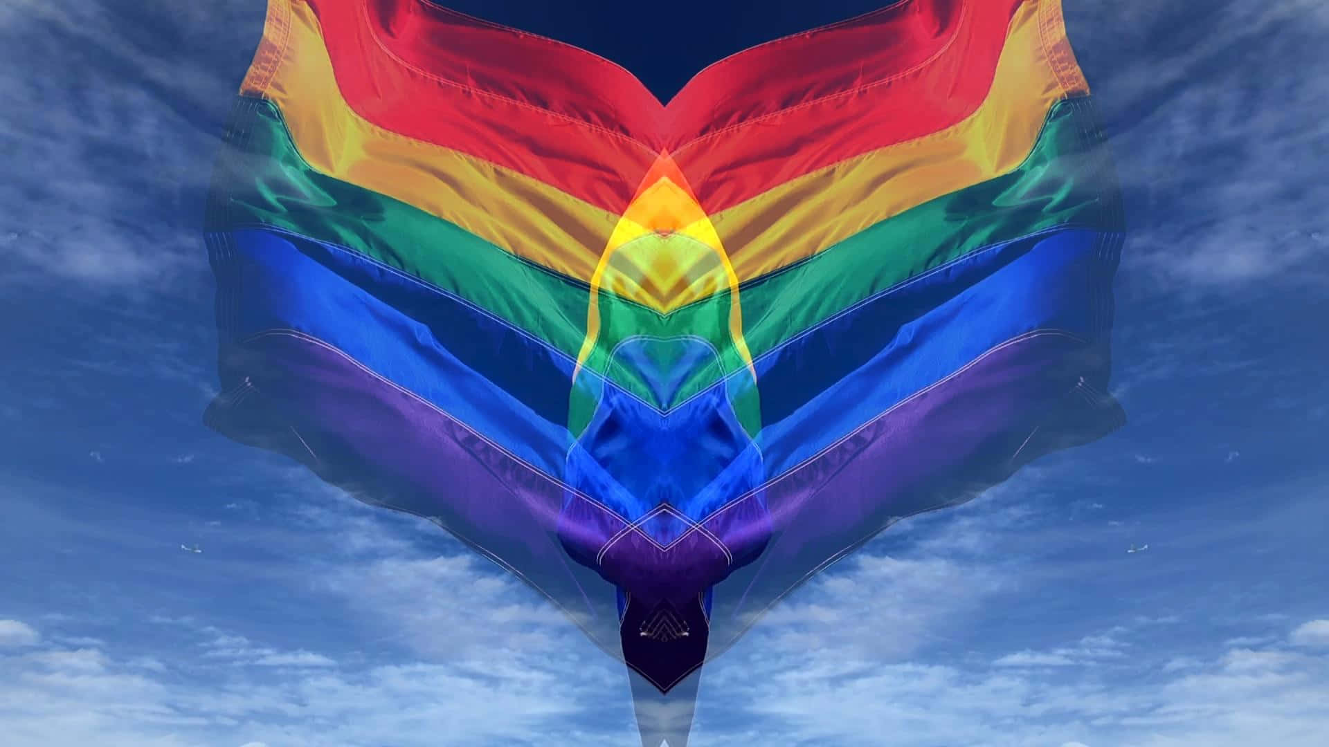 rainbow flag, heart, bright blue sky, Full HD Desktop Wallpaper
