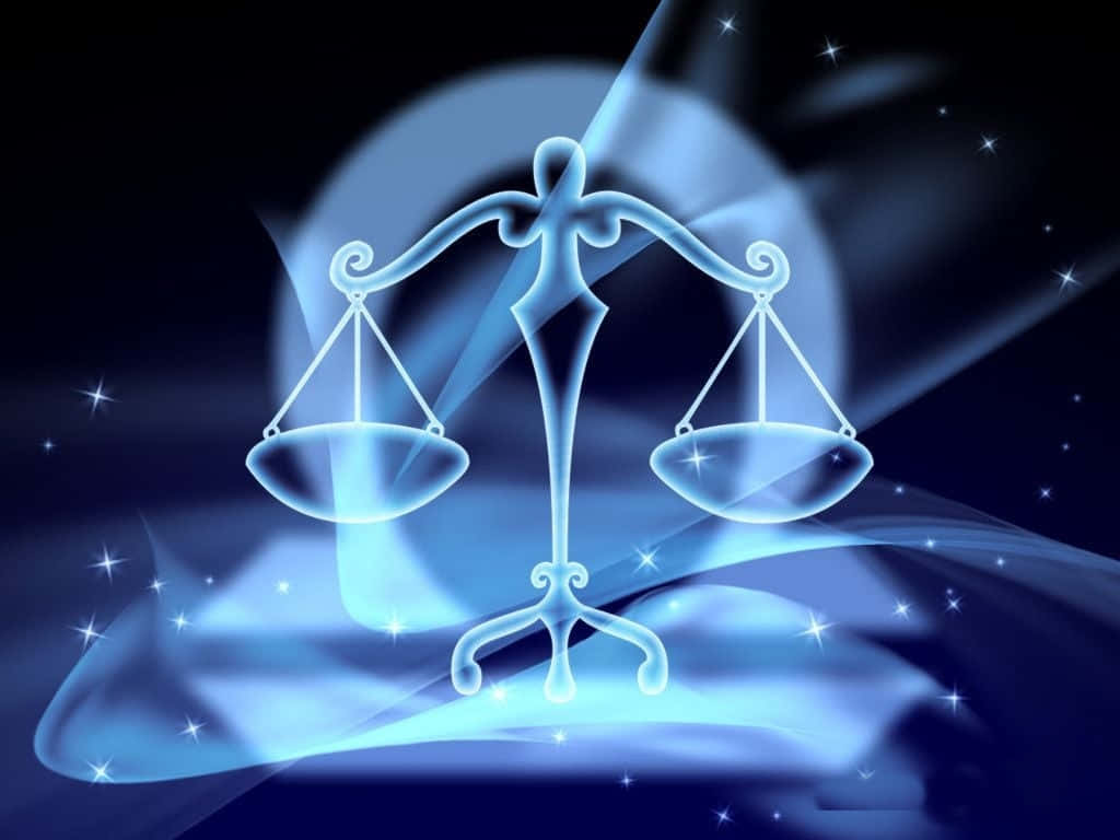Cute Libra, glowing blue celestial scales of justice, swirling cosmic energy, SD Desktop Wallpaper
