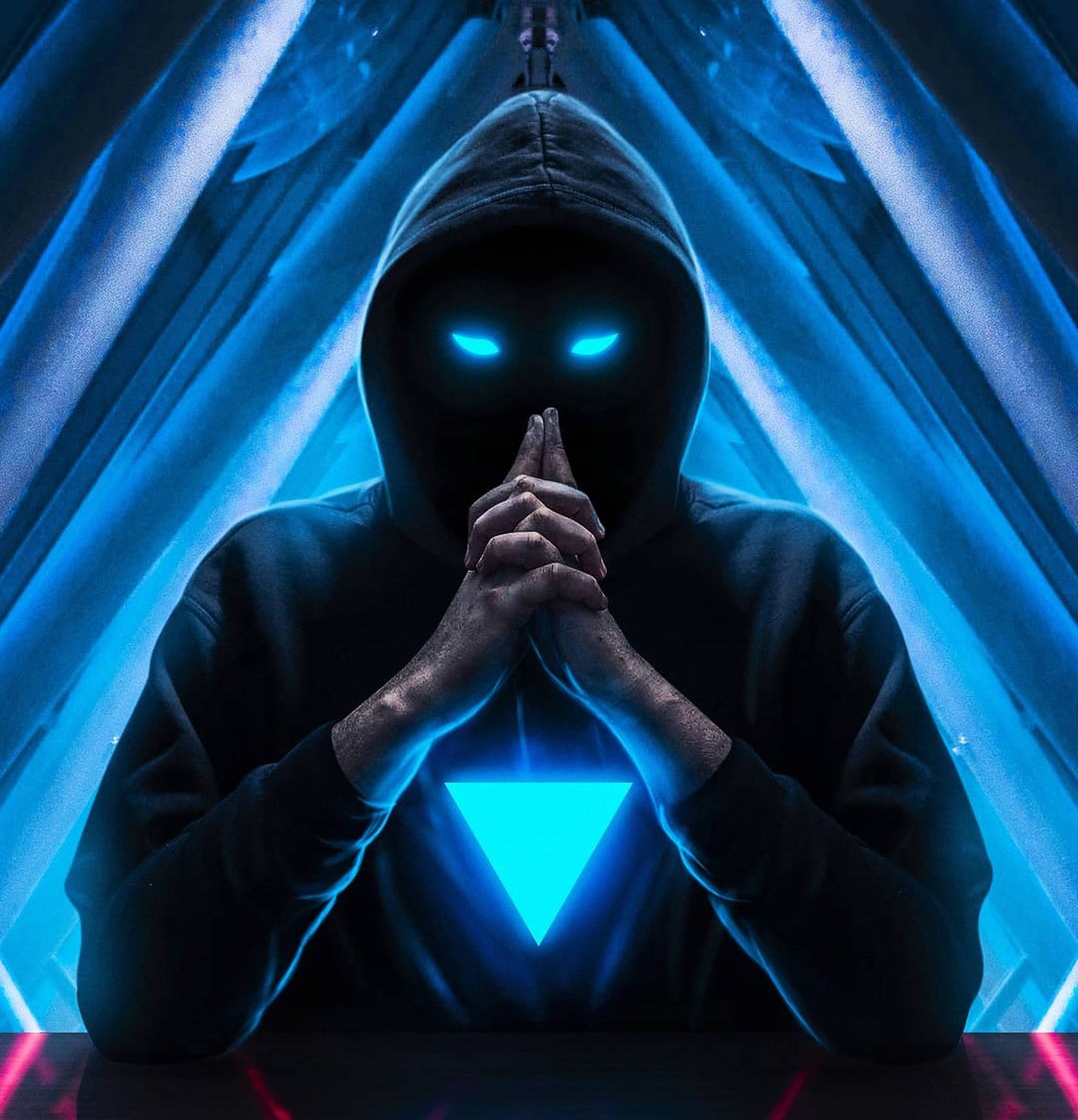 hooded figure, glowing blue eyes, triangular light on chest, Full HD Phone Wallpaper