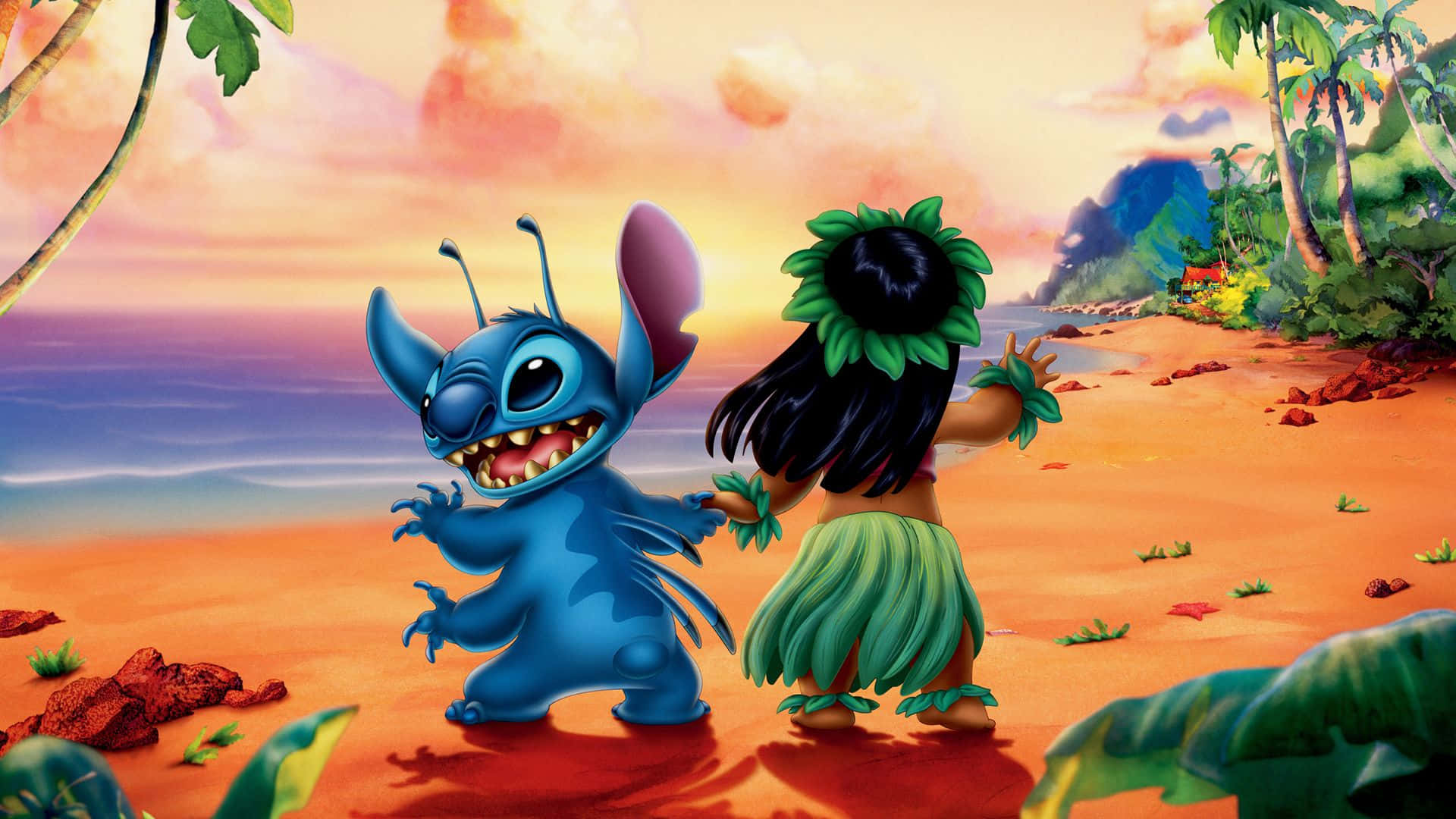 Lilo and Stitch, tropical beach, sunset, Full HD Desktop Wallpaper