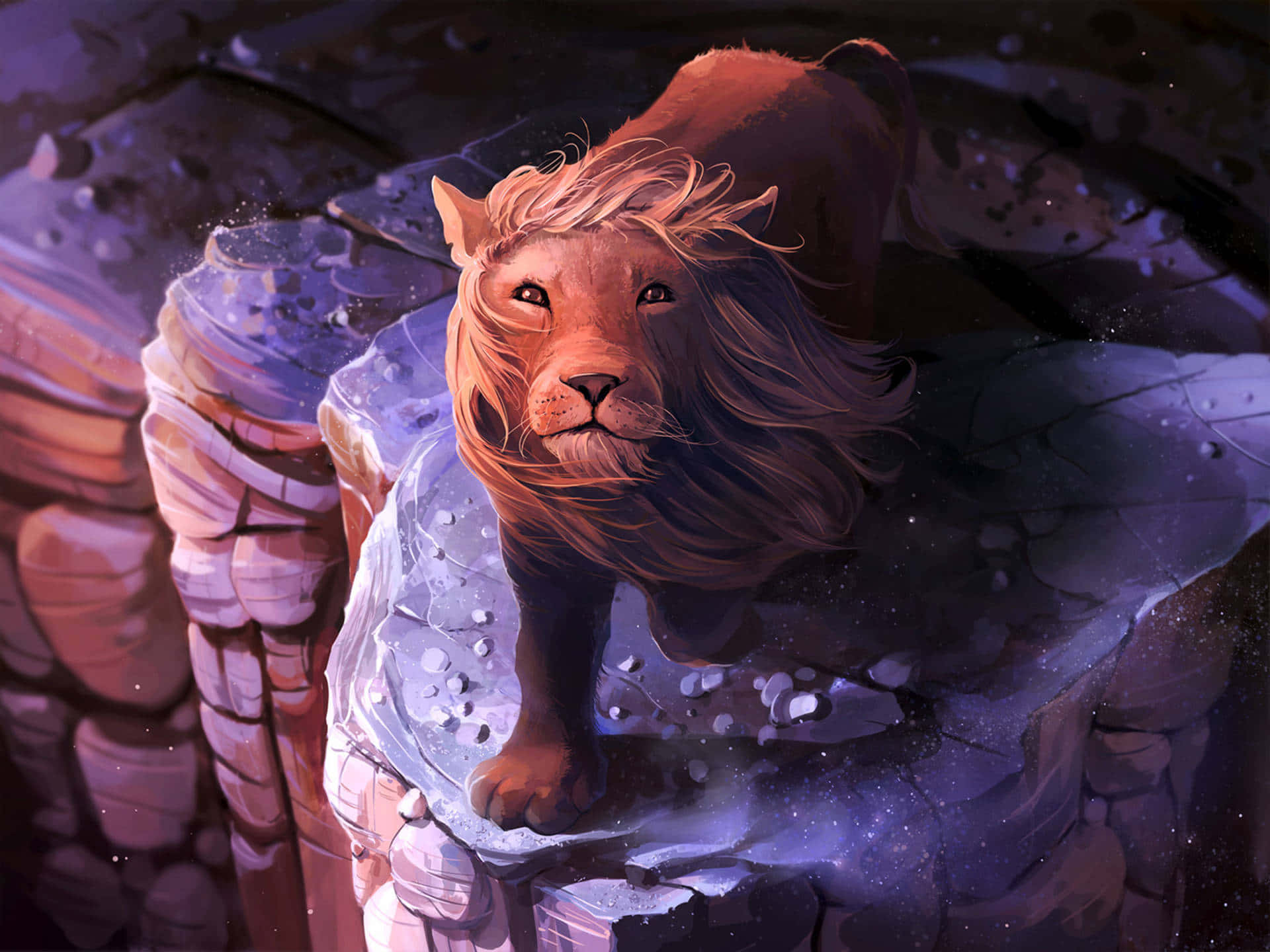 Cute Lion King, lion, glowing purple rock formation, Full HD Desktop Wallpaper