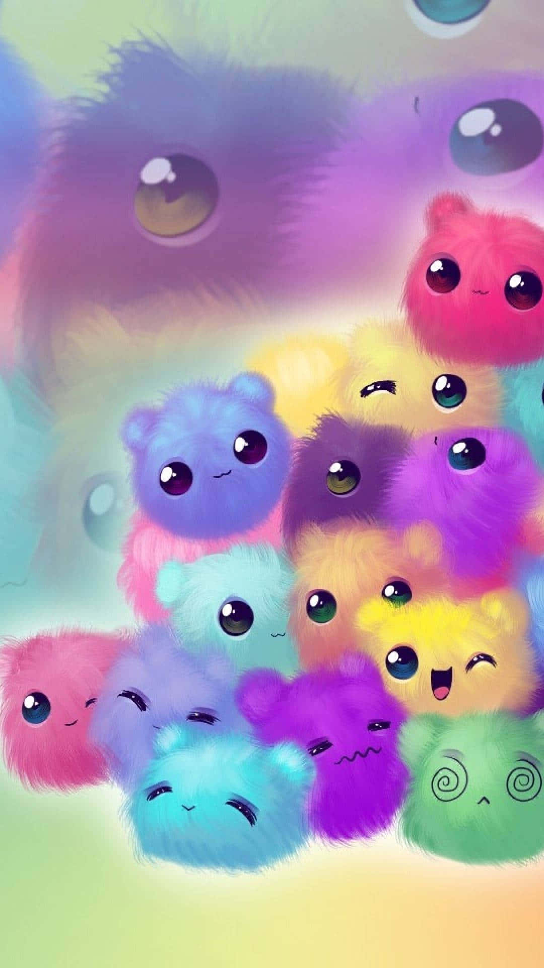 fluffy rainbow-colored cartoon creatures, big eyes, cute expressions, Full HD Phone Wallpaper