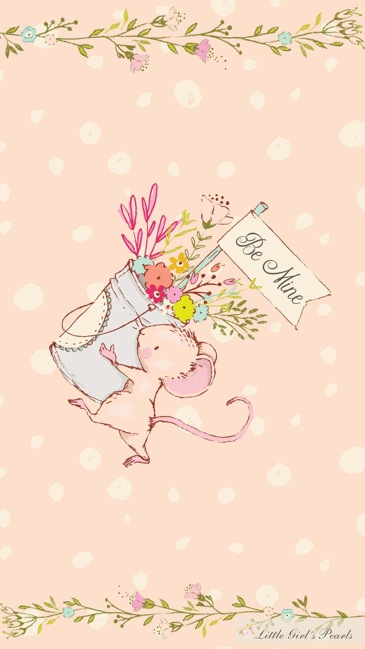 pink mouse, overflowing floral bouquet, Be Mine banner, Full HD Phone Wallpaper