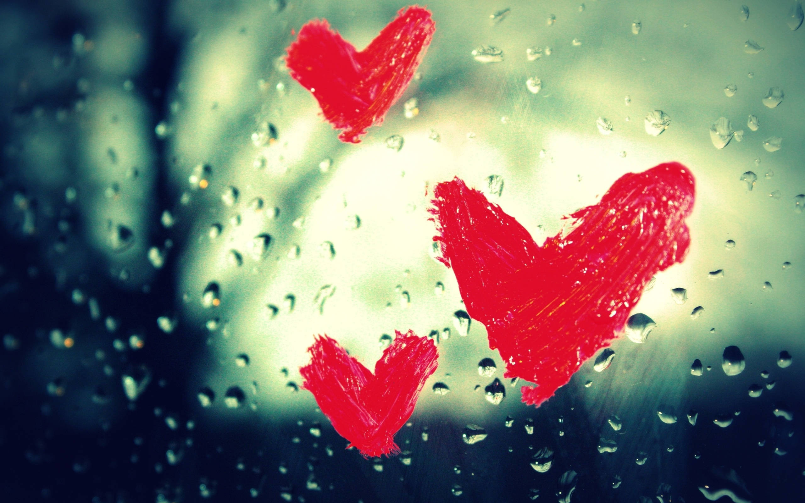 red love hearts, wet window, rain-speckled window, 2K Desktop Wallpaper