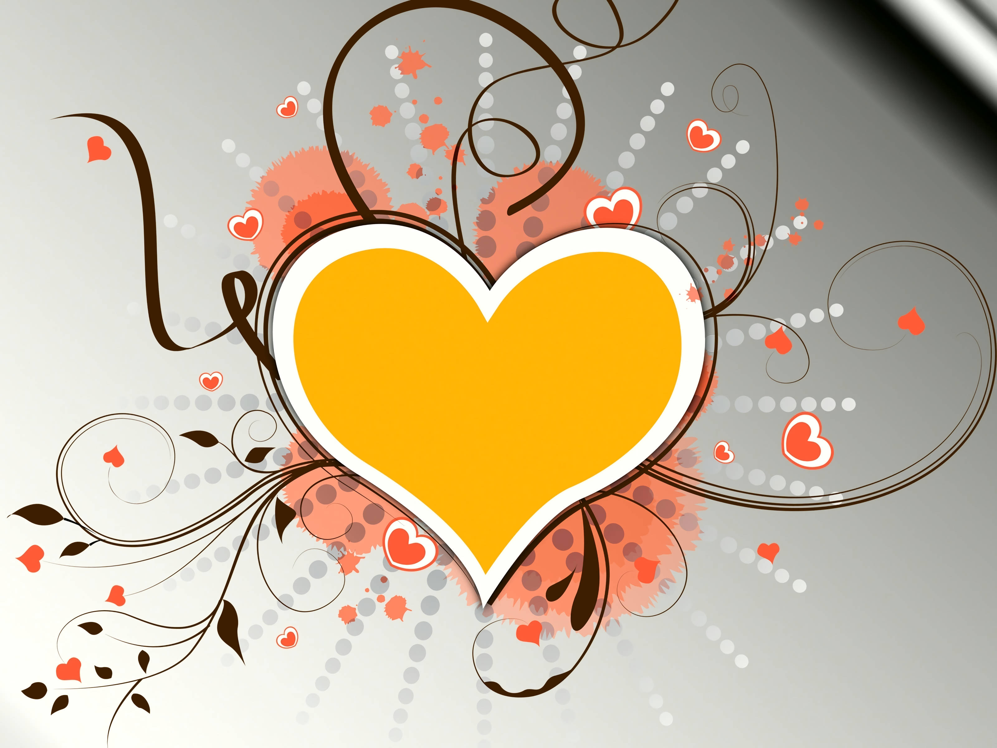cute yellow love heart, white outline, swirling brown vines, 2K Desktop Wallpaper