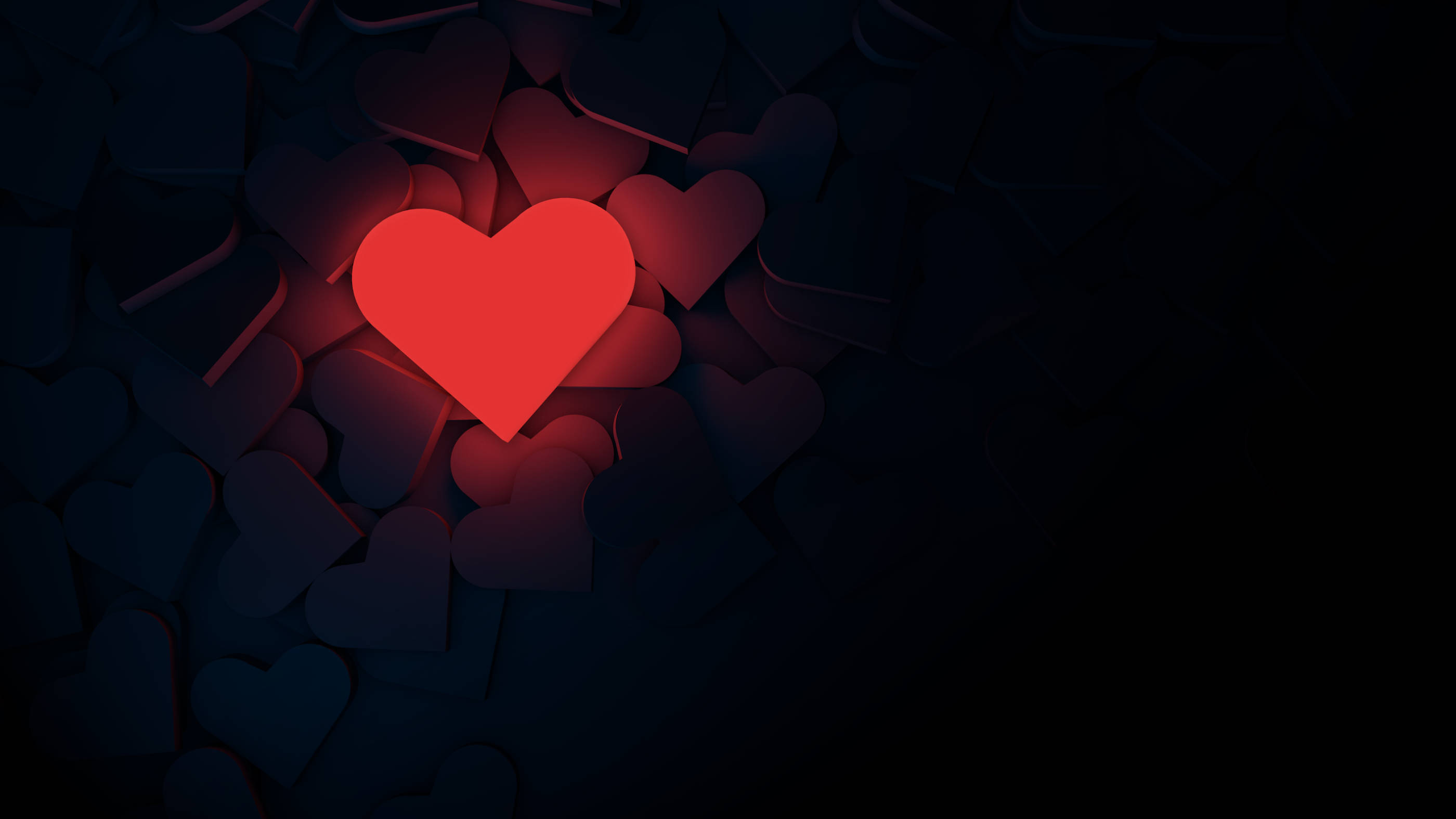 glowing red heart, dark blue hearts, deep shadowy background, 2K Desktop Wallpaper