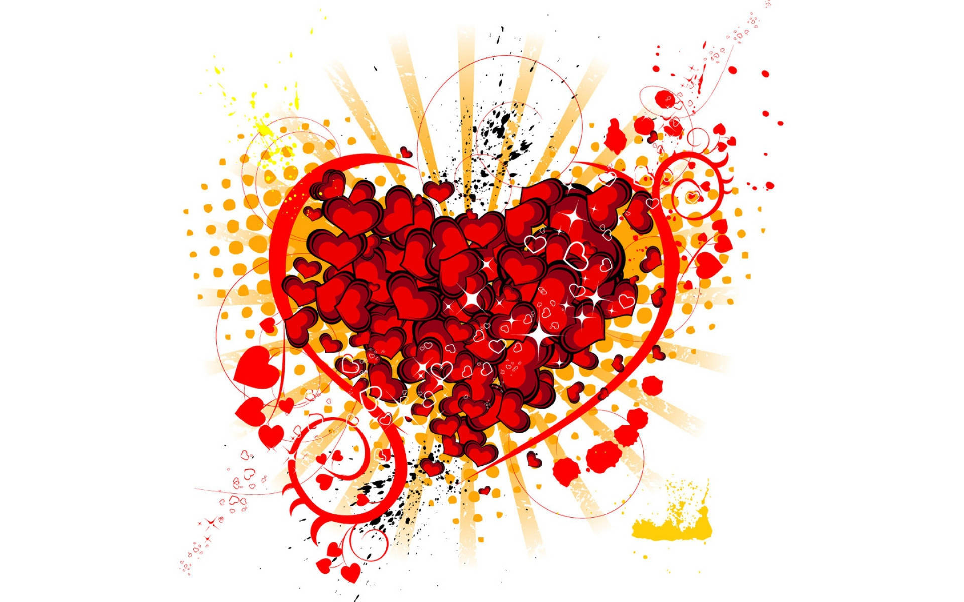 tiny cute love heart, red hearts, yellow sunburst rays, Full HD Desktop Wallpaper