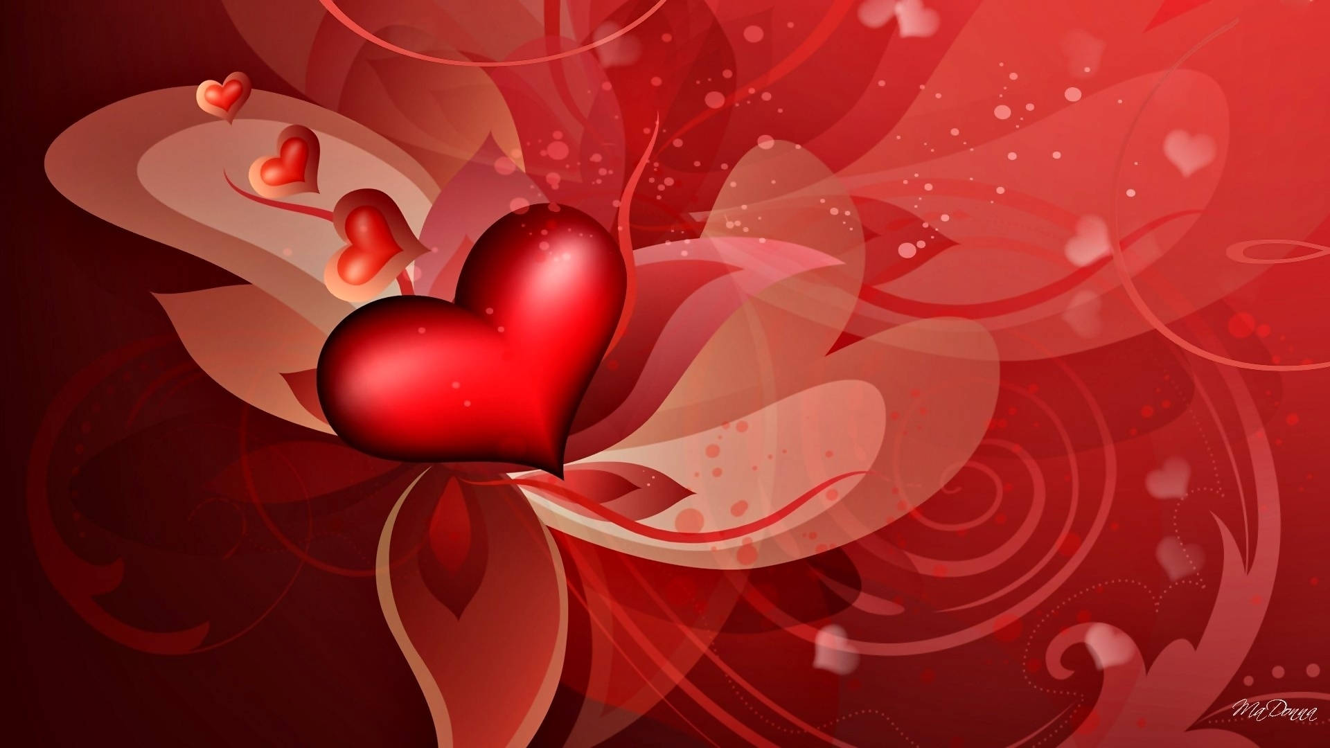 glossy red heart, swirling abstract petals, floating hearts, Full HD Desktop Wallpaper