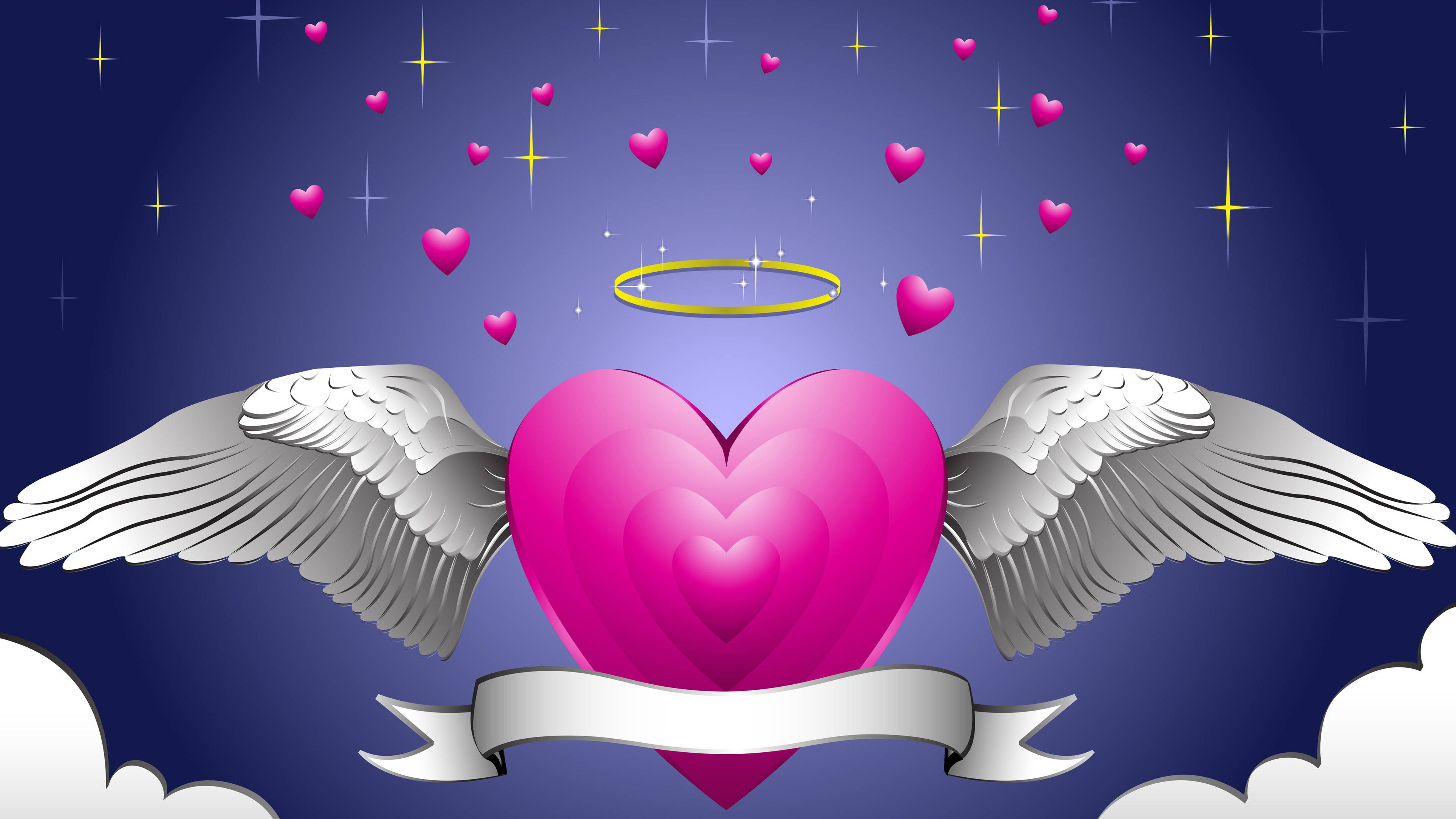 cute love heart, silver wings, halo, 4K Desktop Wallpaper