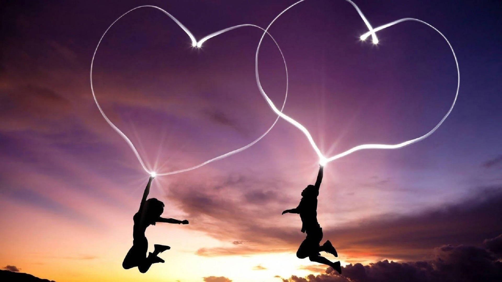 twilight sky, glowing heart shapes, light sticks, Full HD Desktop Wallpaper