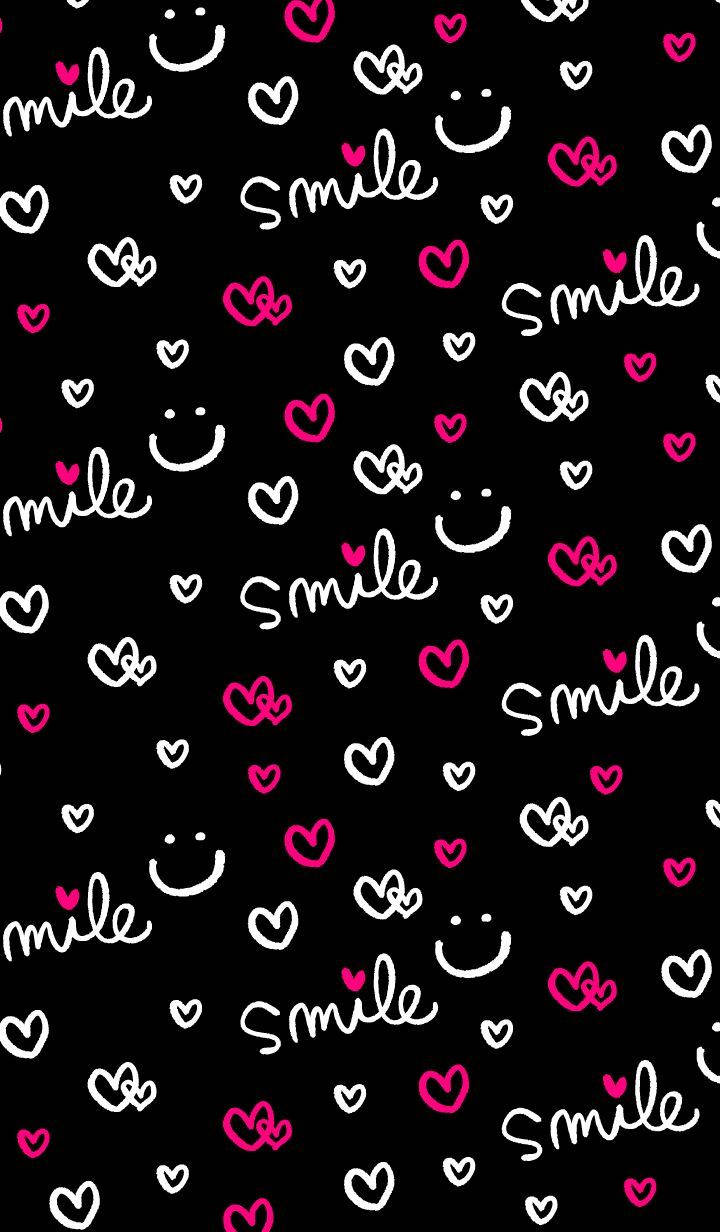 smile doodle hearts theme, black background, white smiley faces, SD Phone Wallpaper
