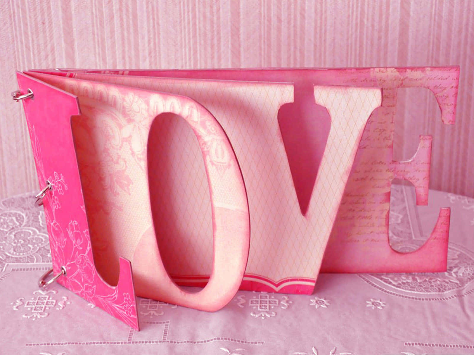 pink paper cutout, LOVE, lace tablecloth, HD Desktop Wallpaper