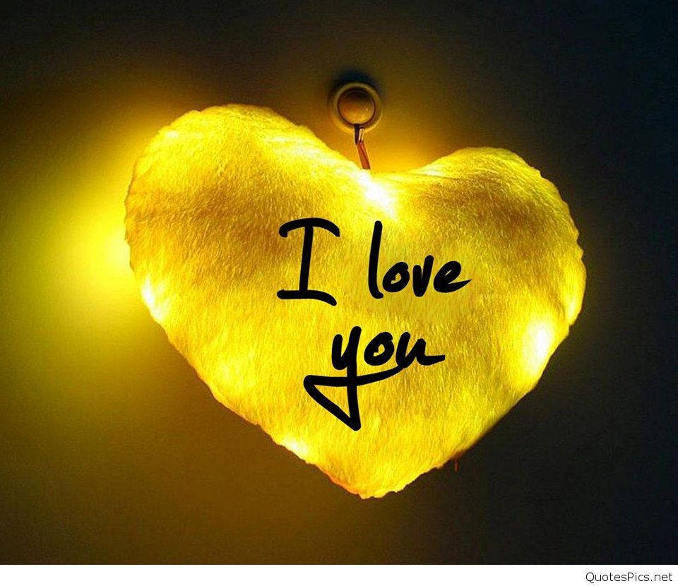 glowing golden heart-shaped lamp, handwritten text I love you, dark background, SD Desktop Wallpaper