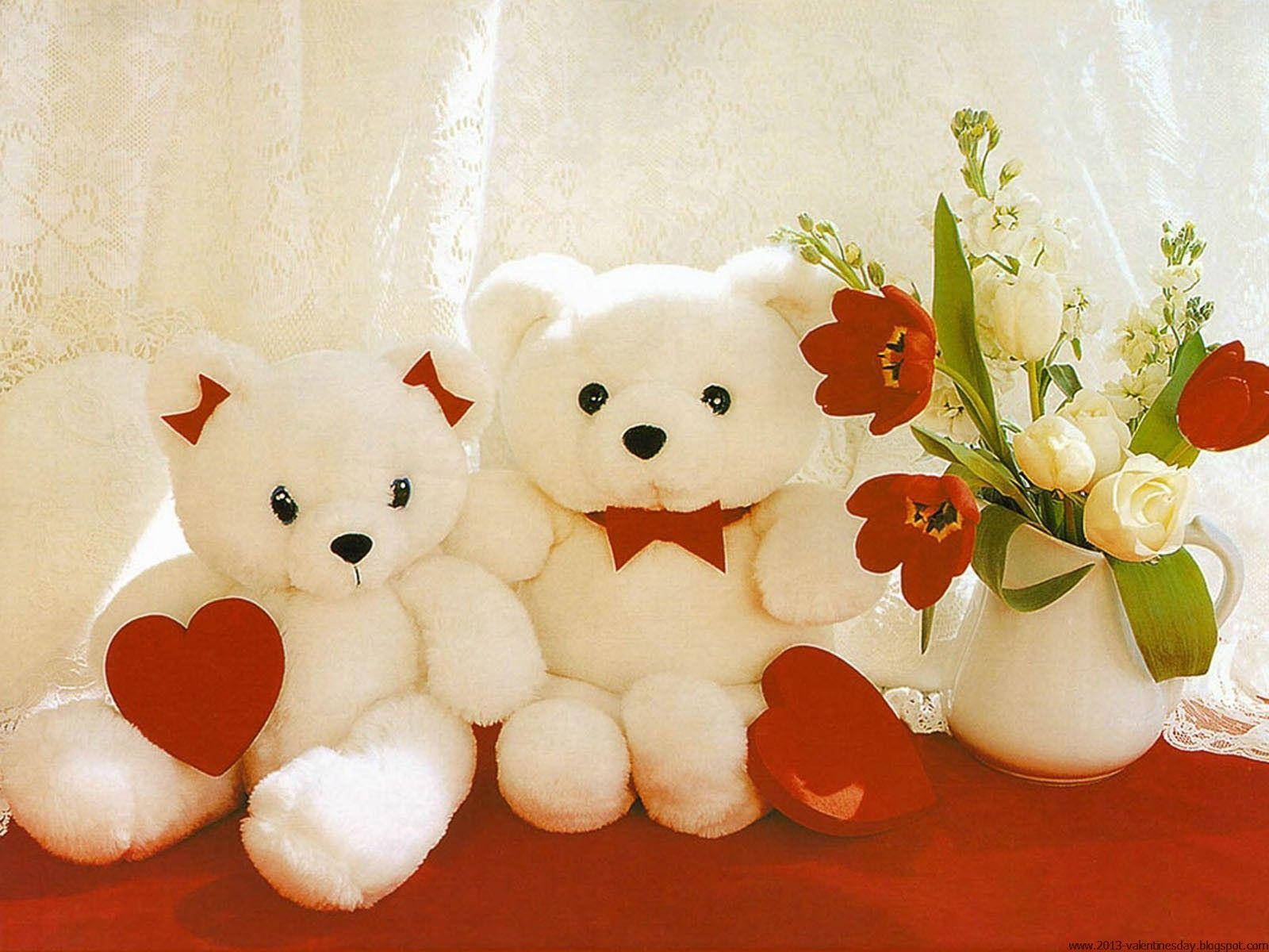 Cute Love Teddy Bears, fluffy white teddy bears, red hearts, HD Desktop Wallpaper