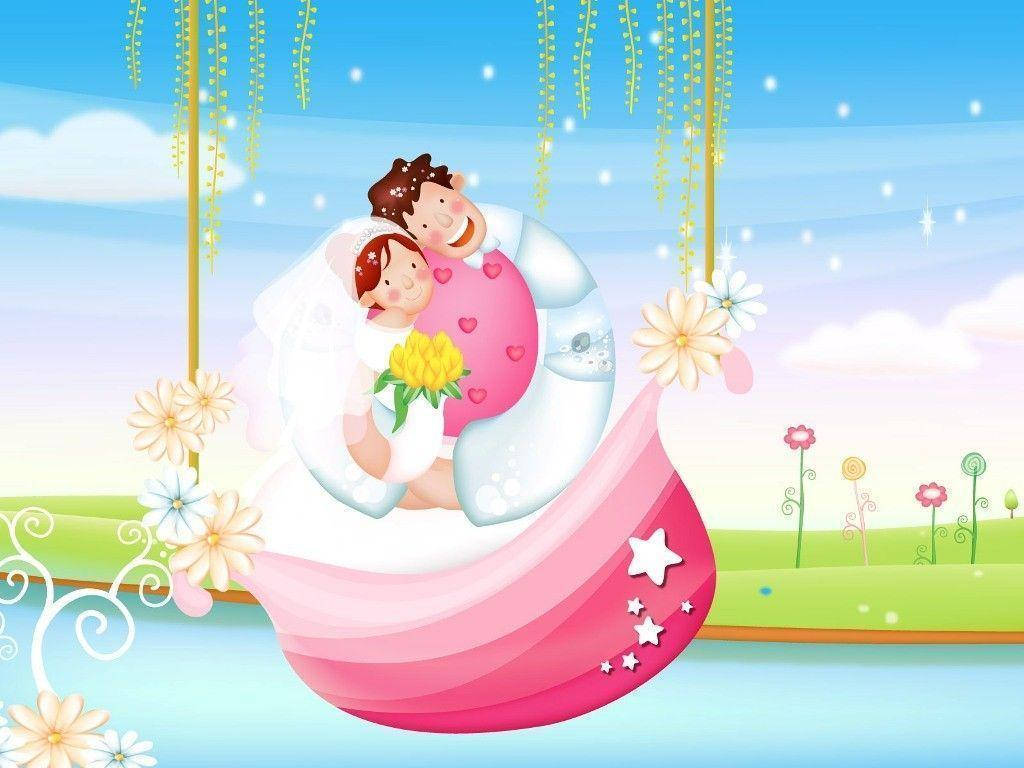 cartoon bride, cartoon groom, pink swing, SD Desktop Wallpaper