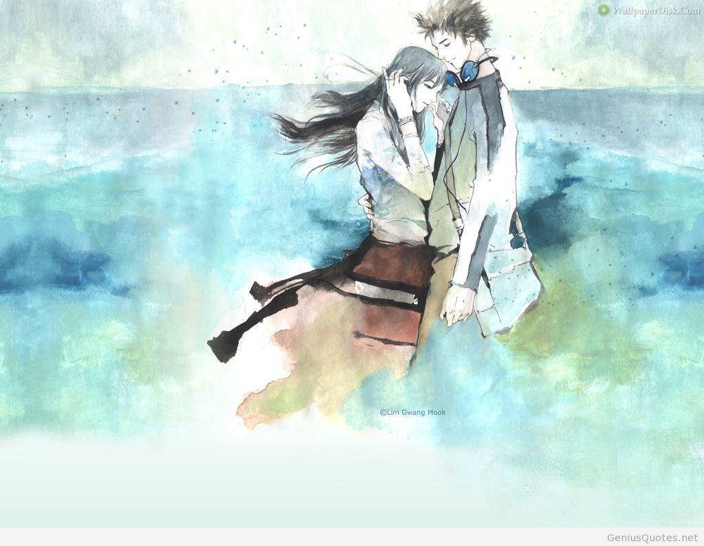 cute love couple drawing, watercolor anime couple, soft blue-green watery backdrop, SD Desktop Wallpaper