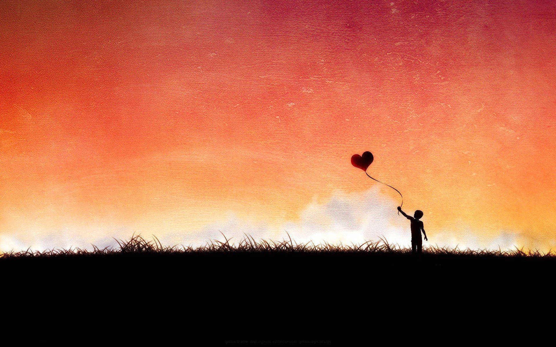heart-shaped balloon, vibrant orange and pink sunset sky, child, Full HD Desktop Wallpaper