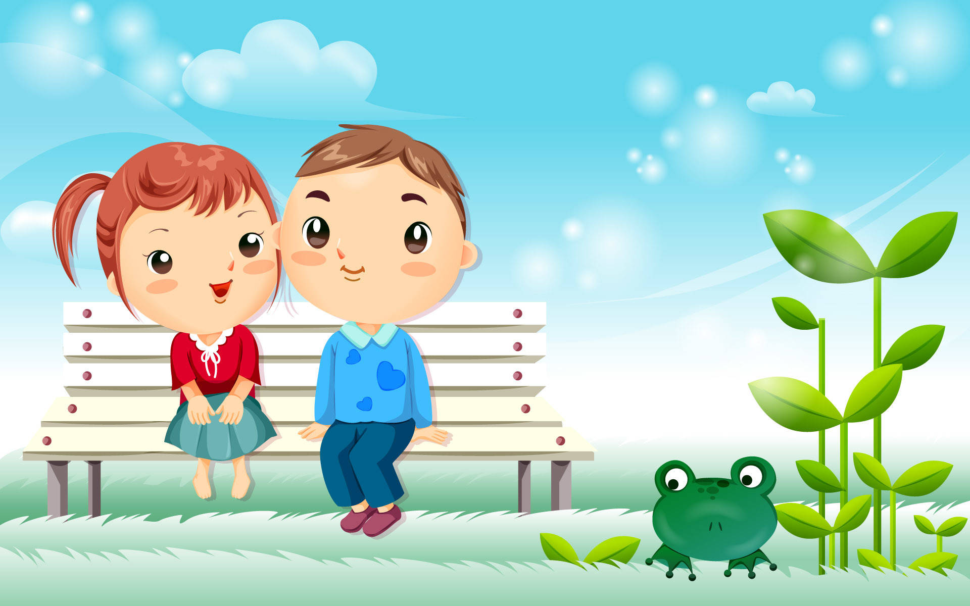 Cute Love, bench, bright blue sky, Full HD Desktop Wallpaper