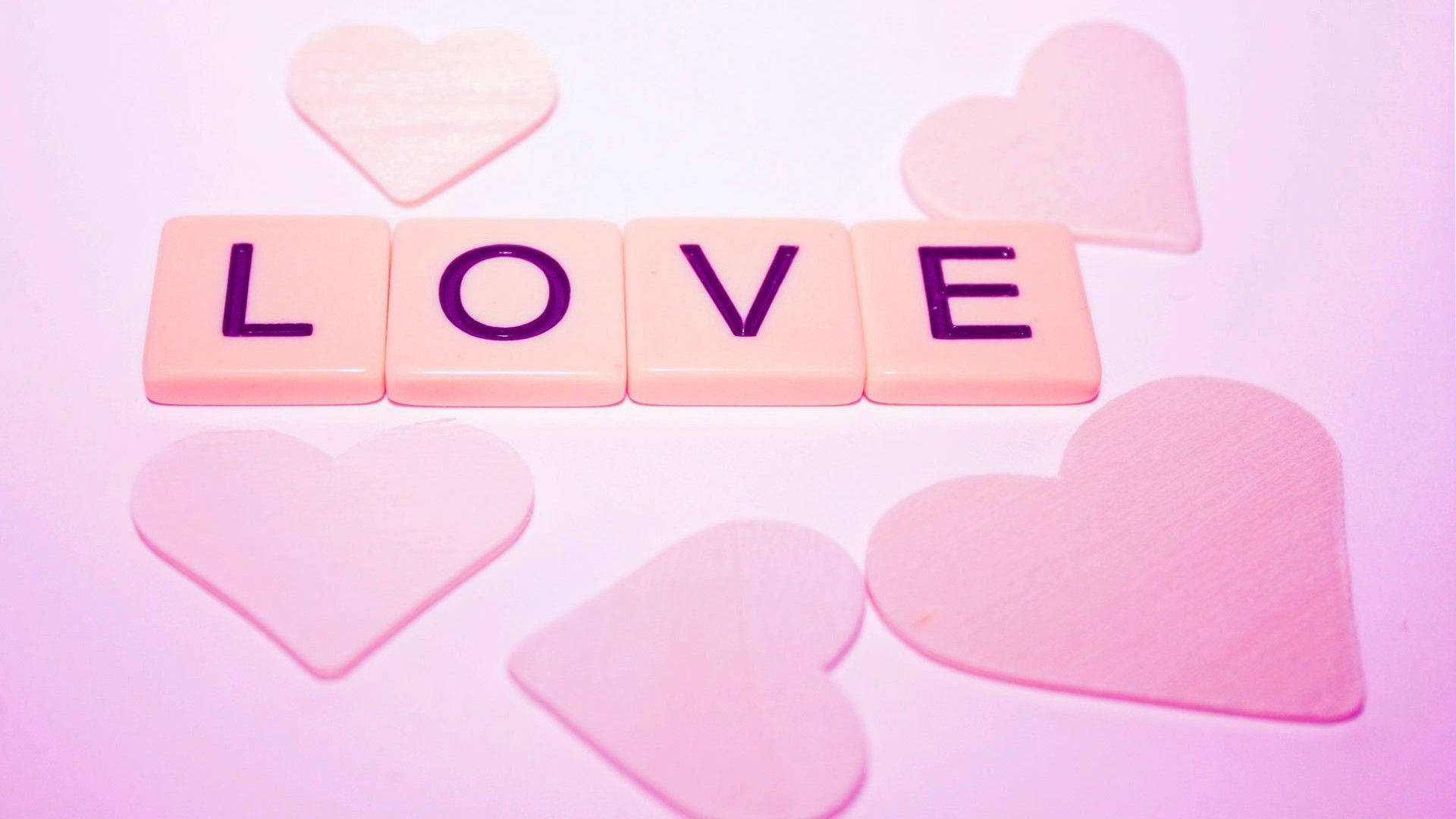 Cute Love Scrabble Tiles, pink heart-shaped tiles, LOVE, Full HD Desktop Wallpaper