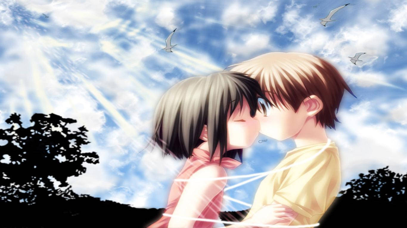 Cute Love, anime teens, bright blue sky, HD Desktop Wallpaper