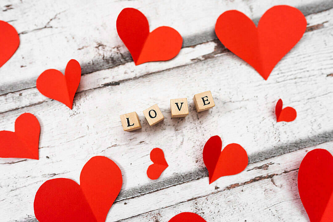 Cute Love, wooden blocks, red paper hearts, SD Desktop Wallpaper