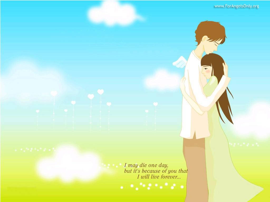 Cute Love, anime-style couple, bright blue sky, SD Desktop Wallpaper